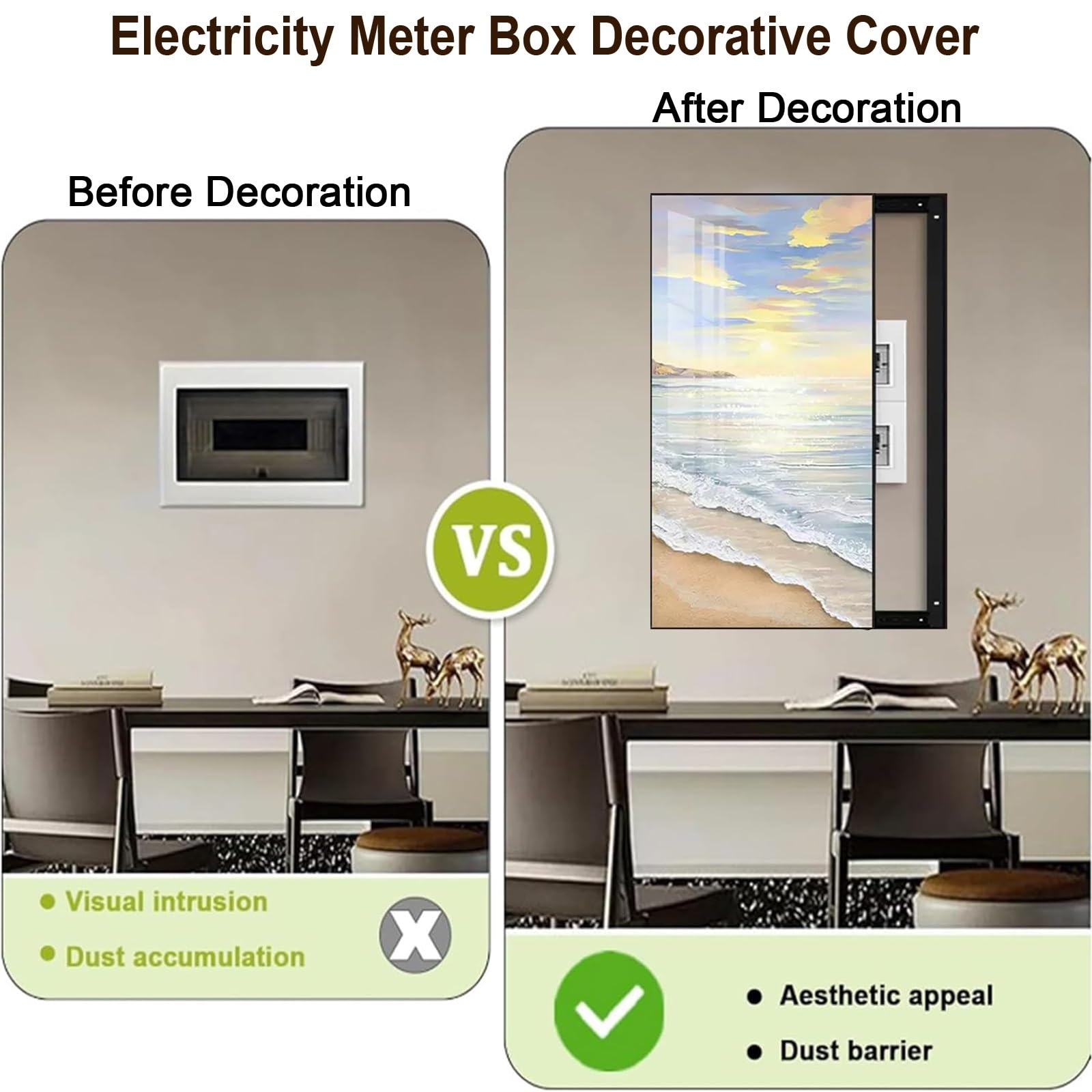 Copri Quadro Elettrico Decorativo, Cornice in Alluminio, Copri Contatore | Design Scorrevole Sul Lato Sinistro, Grafica a Tema Sole e Spiaggia, per Scatole Interruttori e Scatole Portafusibili(60x120)