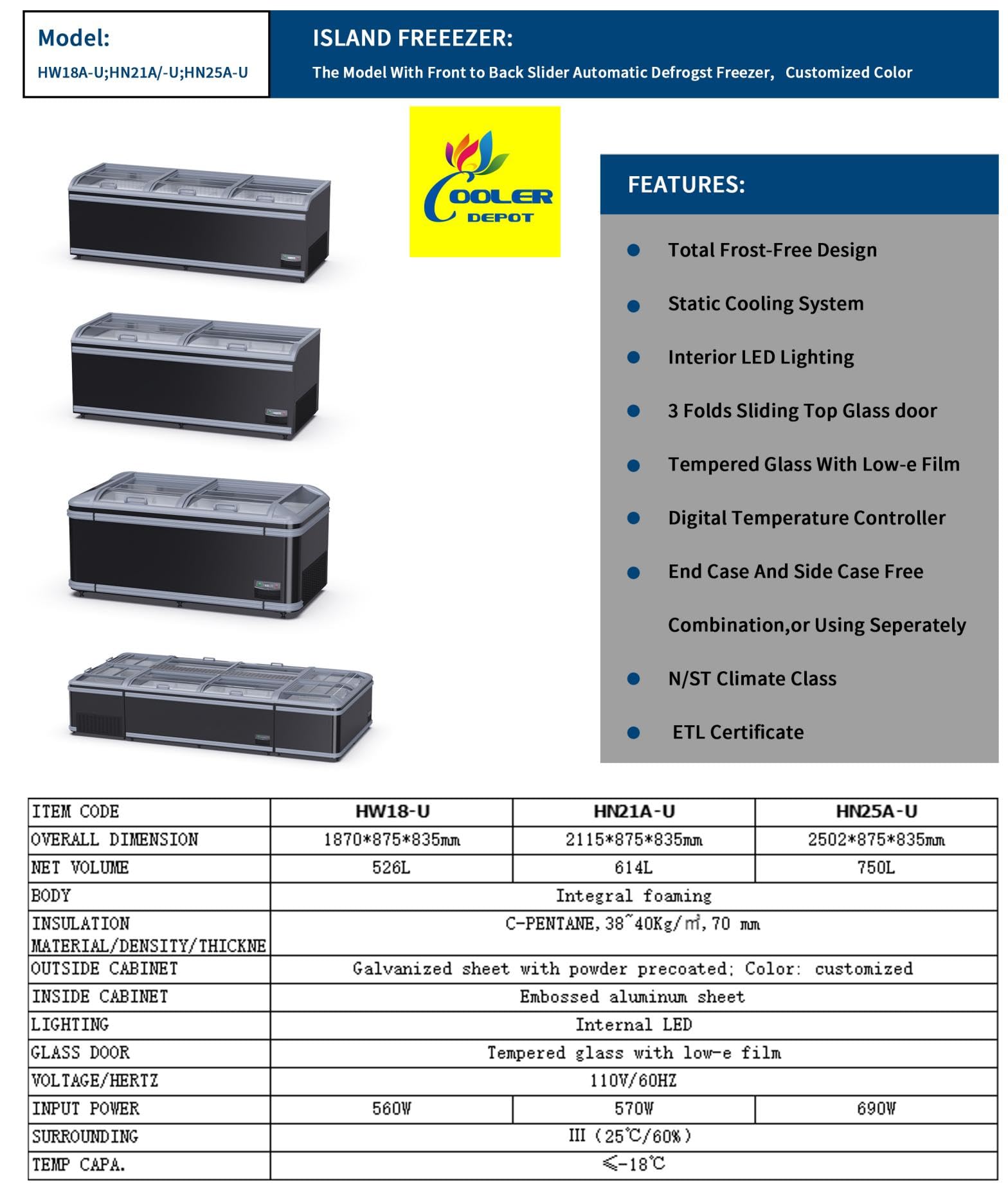 Chest Freezer For Supermarket Meat Freezer Glass Sliding Door 83" Black Showcase Freezer Curve Display Top W/Storage Baskets 21 Cu.Ft Hn21a-U on Fridge.com - View 4