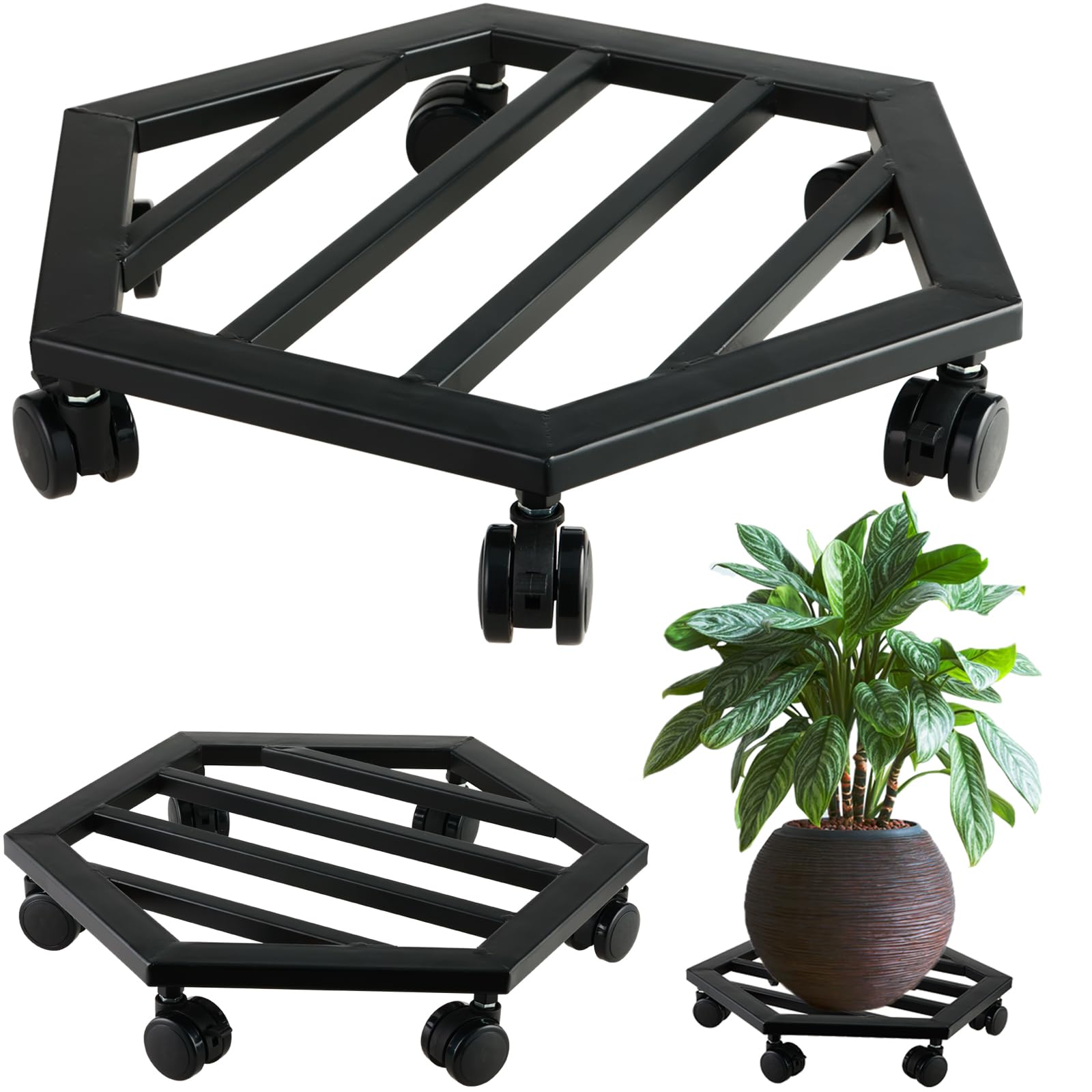 KvyusFlourish 2 Packs Large Metal Plant Caddy with Wheels 13” Rolling Plant Stands Heavy-duty Wrought Iron Plant Roller Movers Indoor Outdoor Wheeled Plant Dolly with Casters Tray Coaster, Hexagon