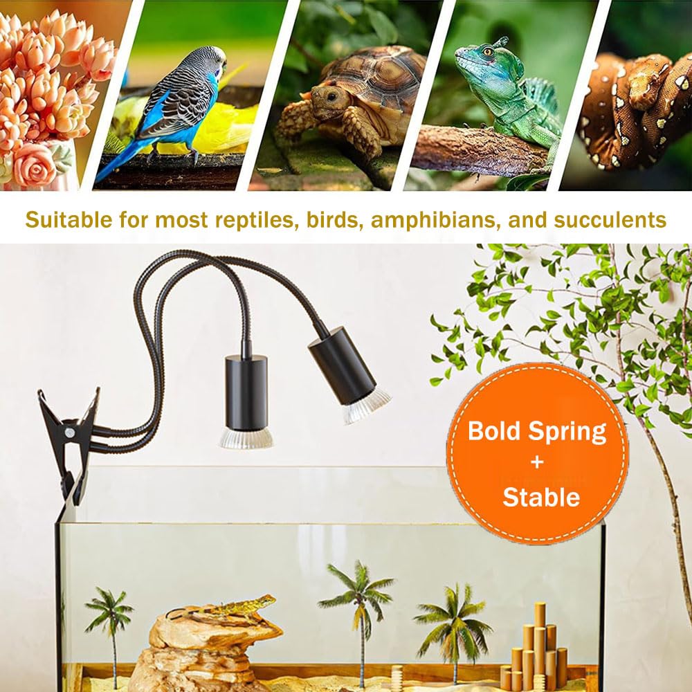 KINGYEENUO Lampe de Chaleur à Double Tête pour Reptiles avec Minuteur, 3 Ampoules: 2x50W 1x25W UVA + UVB E27 Basking Lumière, Lampe à Pince Rotative à 360 ° avec Commande Séparée pour Tortue, Lézard