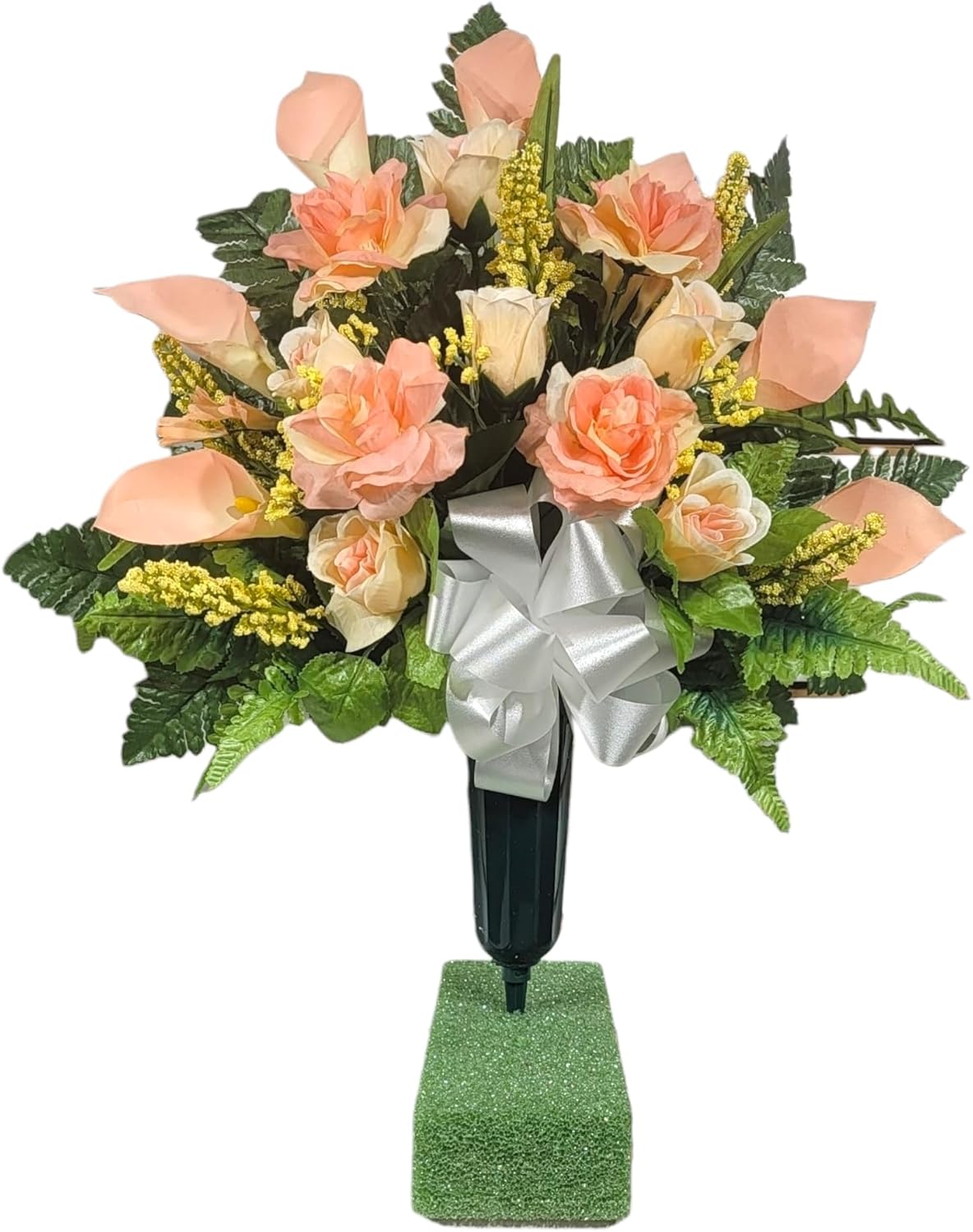 Realistic Artificial Cemetery Flowers - Silk Faux Floral Peach Rose and Calla Lily Bouquet for Grave - 1 Headstone Decoration - Memorial Flowers