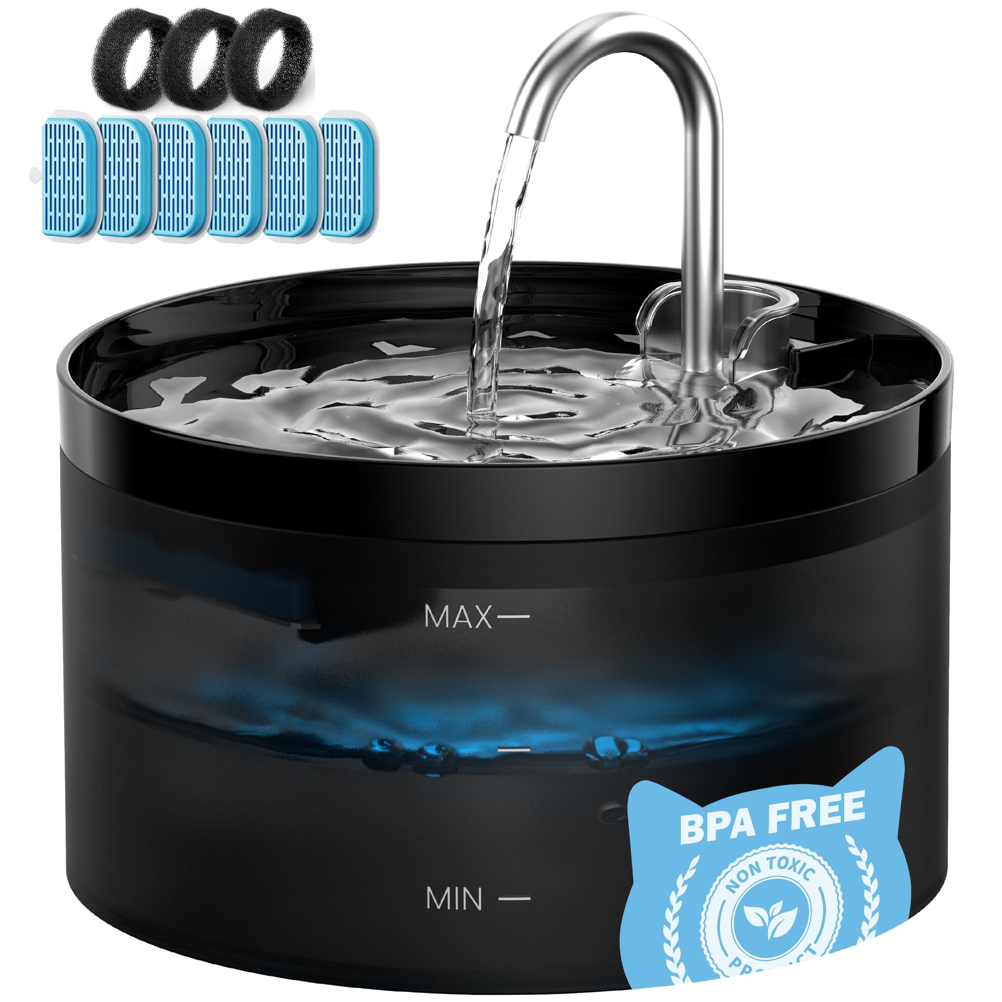 Fontanella per Gatti Fontanella Gatto: Fontana per Gatto - Forma di Rubinetto - Pompa Dell'acqua Super Silenziosa, Nero-2L+6 Filtris+3 Spugnas