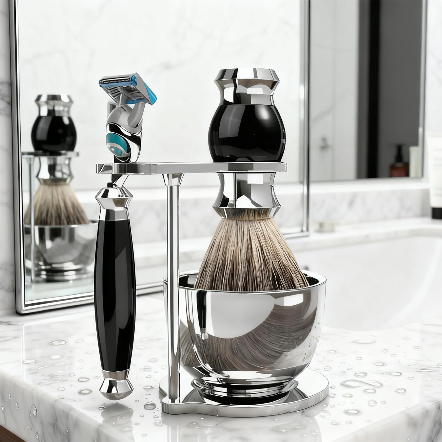 Ensemble de rasage GRUTTI, couteau de luxe pour rasoir et support de pinceau avec bol de savon Cadeaux pour les hommes Rasage brosse de blaireau et manche de rasoir compatible avec Fusion 5