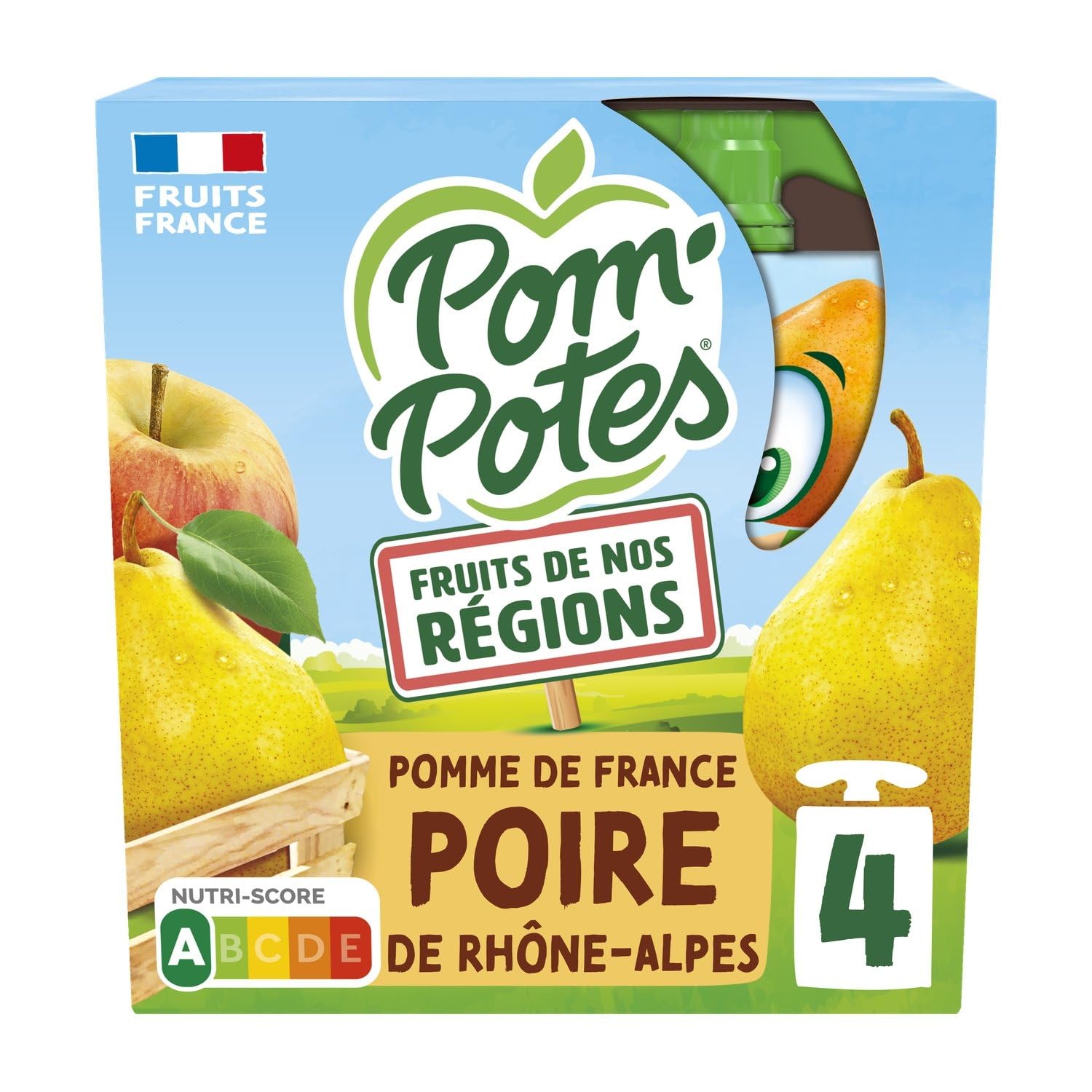 Compotes Fruits de nos régions pomme poire de Rhône-Alpes sans sucres ajoutés POM'POTES - les 4 gourdes de 90g Lot De 4 - Par Lot
