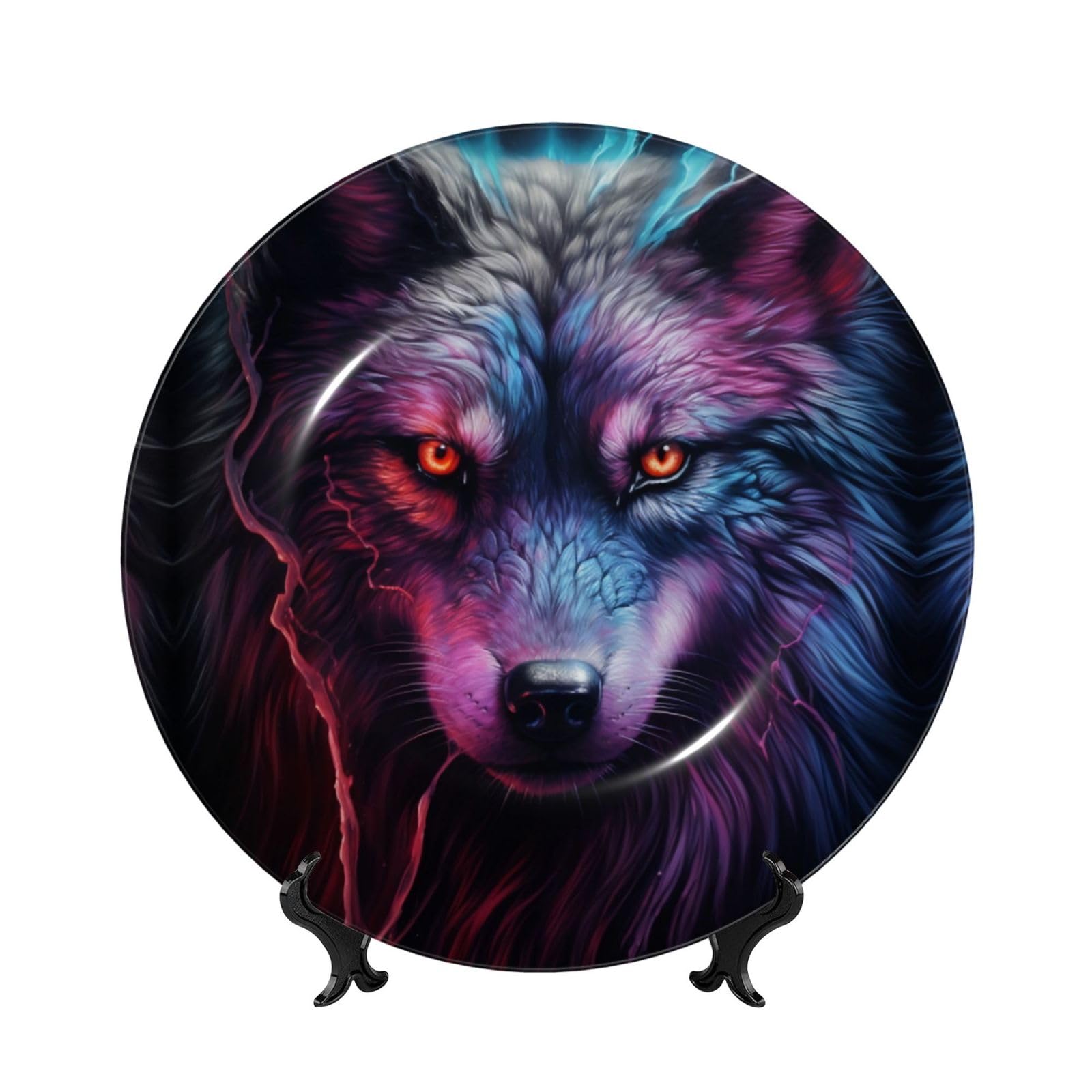SXZVVBN A blue and red wolf Bone China Decorative Plate Art with Stand Removable Adhesive Hanging for Home Office 8in（20cm）