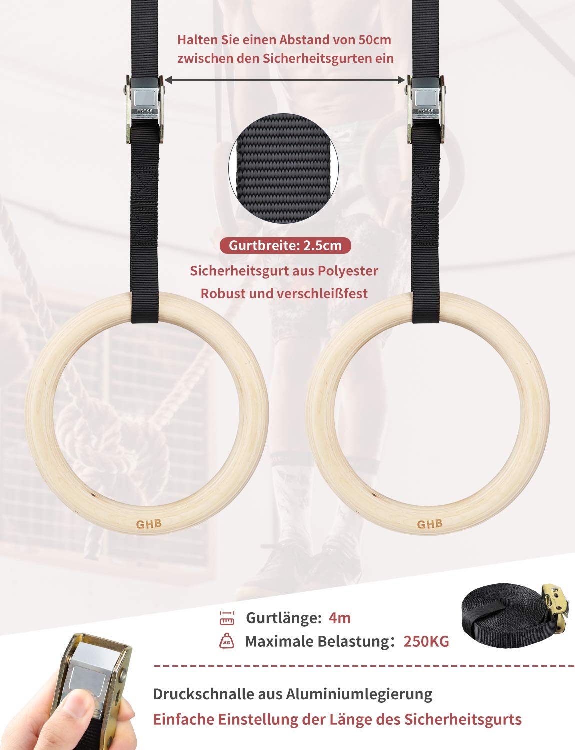 GHB Drewniane pierścienie gimnastyczne z regulowanymi klamrami, do treningu fitness, 28 mm/32 mm