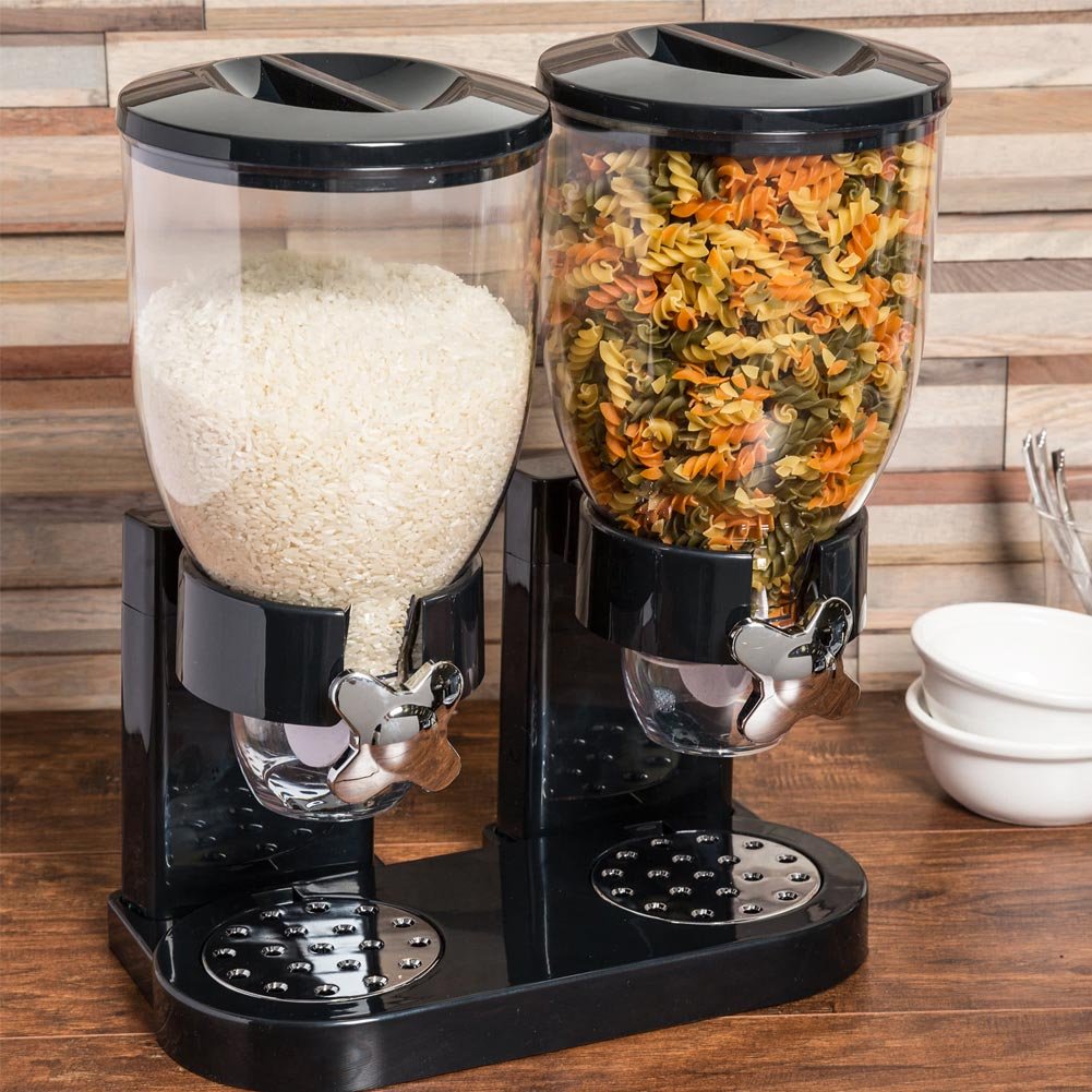 BAKAJI Dispenser Storage Dosatore Distributore Erogatore Cereali Pasta Caramelle Dolci Frutta Secca con Rotella Doppio Contenitore da 8 lt e Dosatore Interno (Nero)