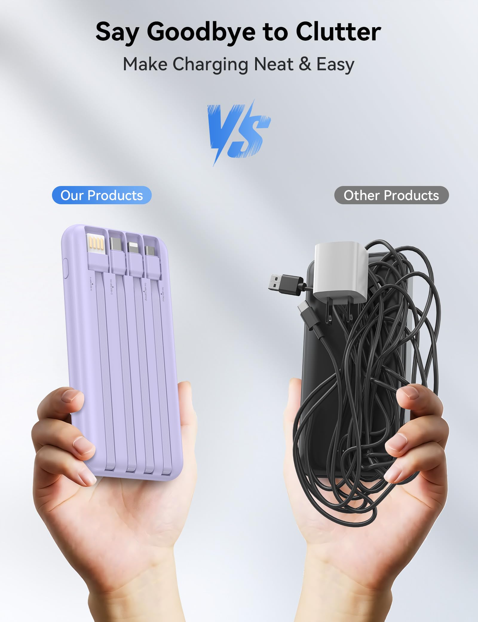 Caricabatterie portatile da 10000 mAh integrato con 4 cavi, ricarica rapida USB C Power Bank da 22,5 W, batteria a 6 uscite, caricabatterie per telefono essenziale da viaggio con display a LED