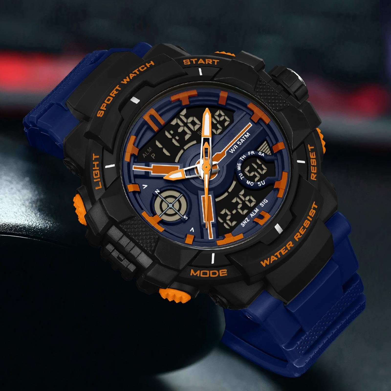 findtime Relojes para hombre y niño, analógico, digital, de cuarzo, naranja, reloj de pulsera con alarma, cronómetro, dos zonas horarias, LED, resistente al agua 5 ATM, relojes deportivos para hombres