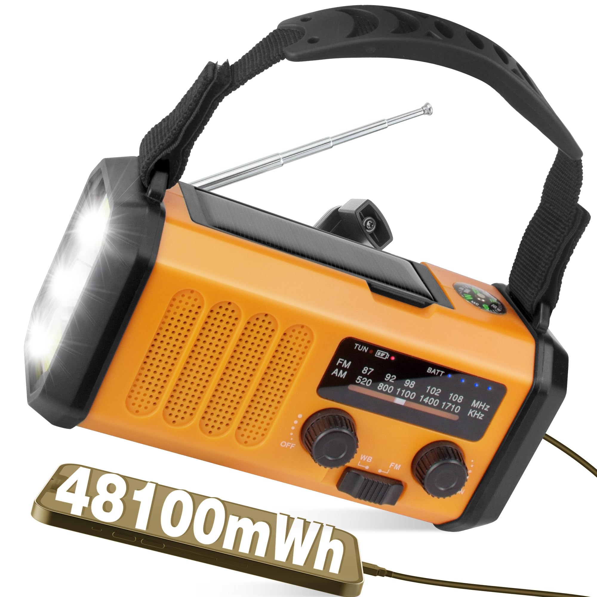 48100mWh/13000mAh Solarne Radio Awaryjne z Korbą Ręczną, 4 Kierunkowy Przenośny Akumulator AM FM Radio,ładowarka do Telefonu,Latarka i Lampka do Czytania,SOS,Kompas dla Przetrwanie Czarnout Kempingowy