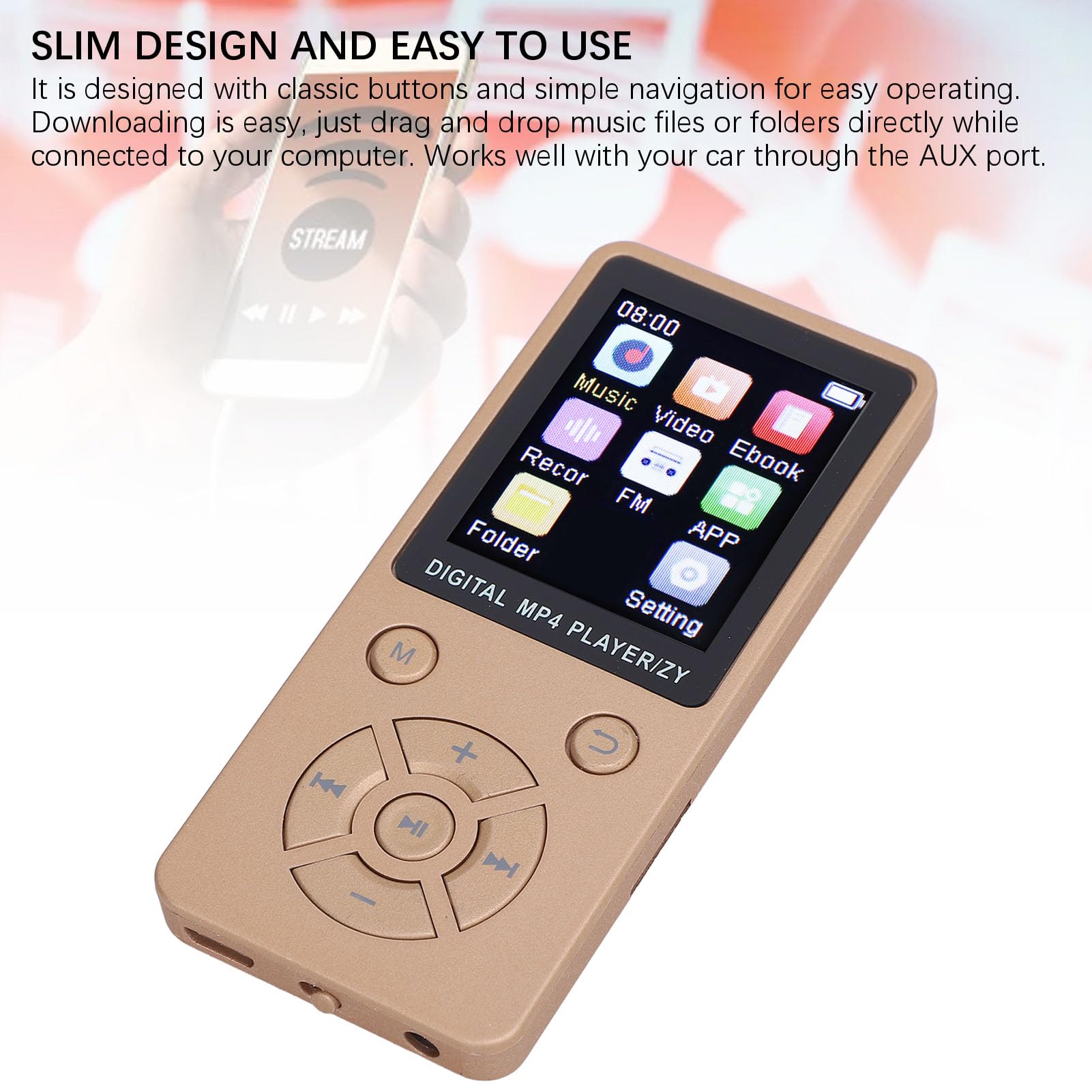 MP3 Player with Bluetooth 5.0, 1.8 inch Screen Portable Music Player with Speaker, 5 Hours Playback, HiFi Sound Shuffle MP3 Player for Running Jogging Cycling (Gold)