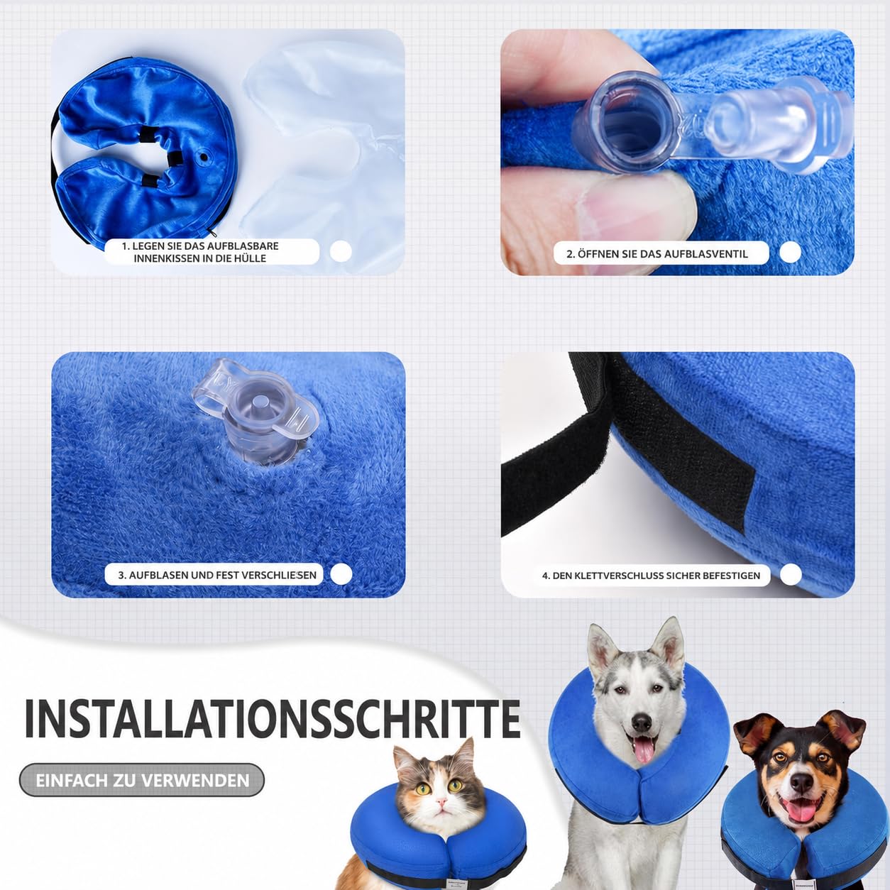 Aufblasbare Halskrause Hund, Weicher Schutzkragen, Blau L | Hunde mit einem Halsumfang von 38-50cm, Weicher Donut-Kragen mit Freier Sicht, Waschbarem Bezug und Verstellbarer Passform