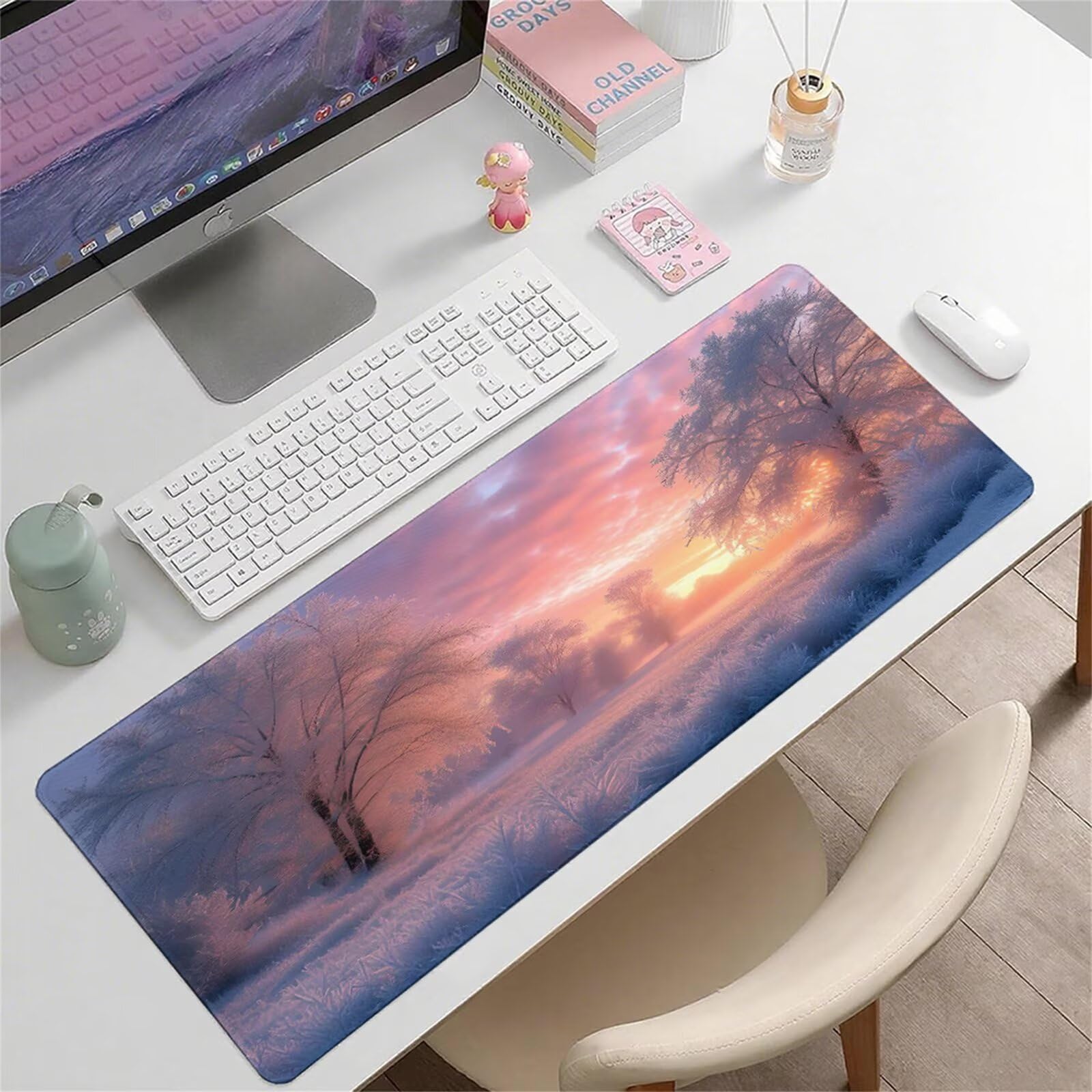 Biała podkładka pod mysz XXL 1500 x 800 x 3 mm śnieg pod ręką akcesoria biurowe antypoślizgowa gumowa podstawa i szyte krawędzie podkładka pod mysz dla graczy do biura deco, prezenty dla mężczyzn J1
