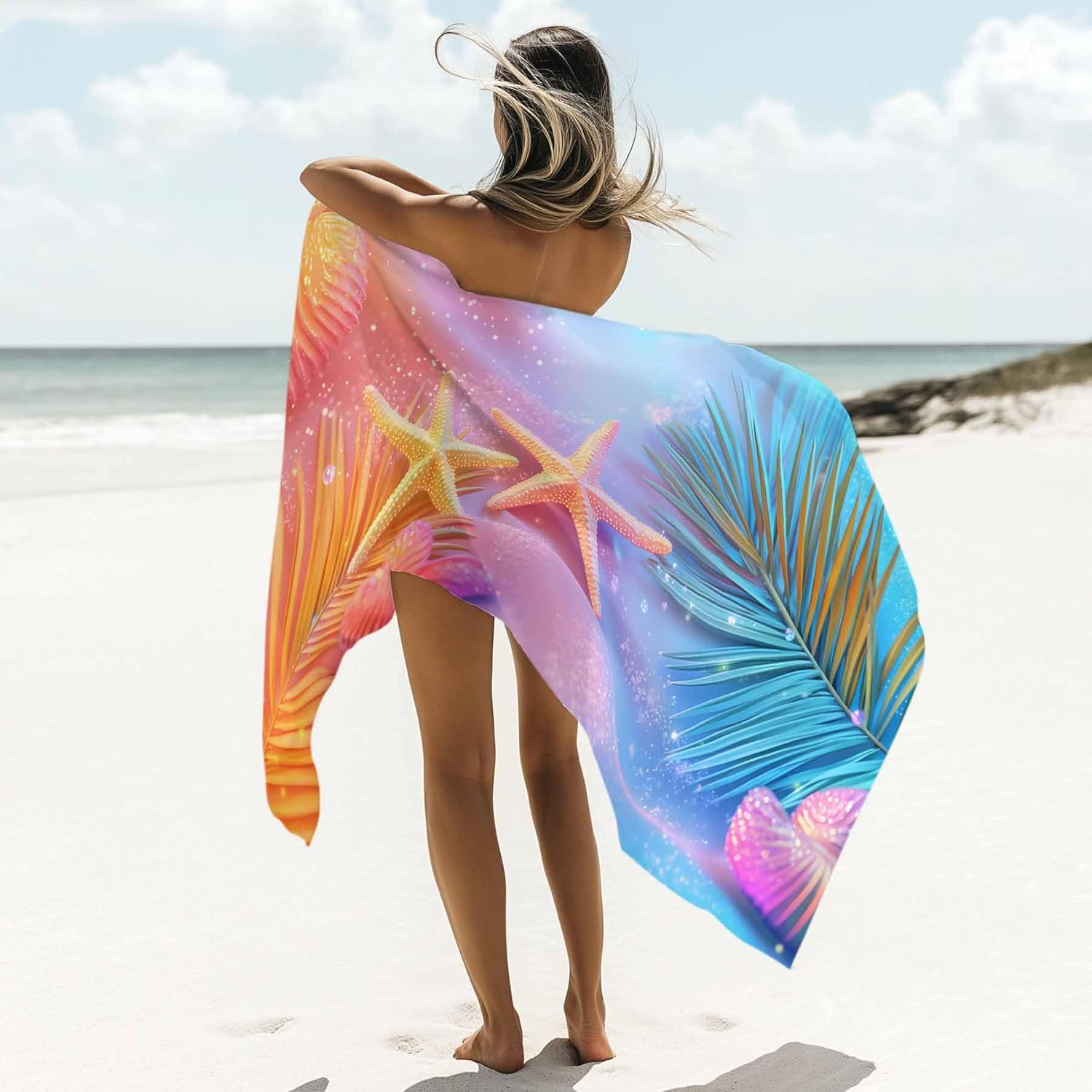 Summer Dreamy Ocean Beach Towel 30" x 60" Starfish Shells Palm Leaves Quick Dry Sand Free Pool Towels Soft & Absorbent Compact Towels Beach Accessories for Travel Bathroom Swimming Pool