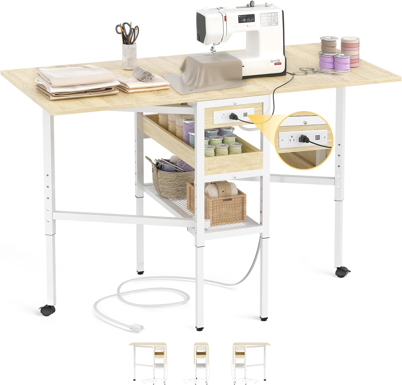 Besiost Folding Sewing Cutting Table with Charging Station, Height Adjustable Craft Table with Storage, 50" Foldable Fabric Cutting Tables for Sewing Room Craft Room, Natural