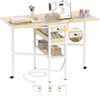 Besiost Mesa de corte de costura plegable con estación de carga, mesa de manualidades de altura ajustable con almacenamiento, mesas de corte de tela plegables de 50 pulgadas para sala de costura, sala