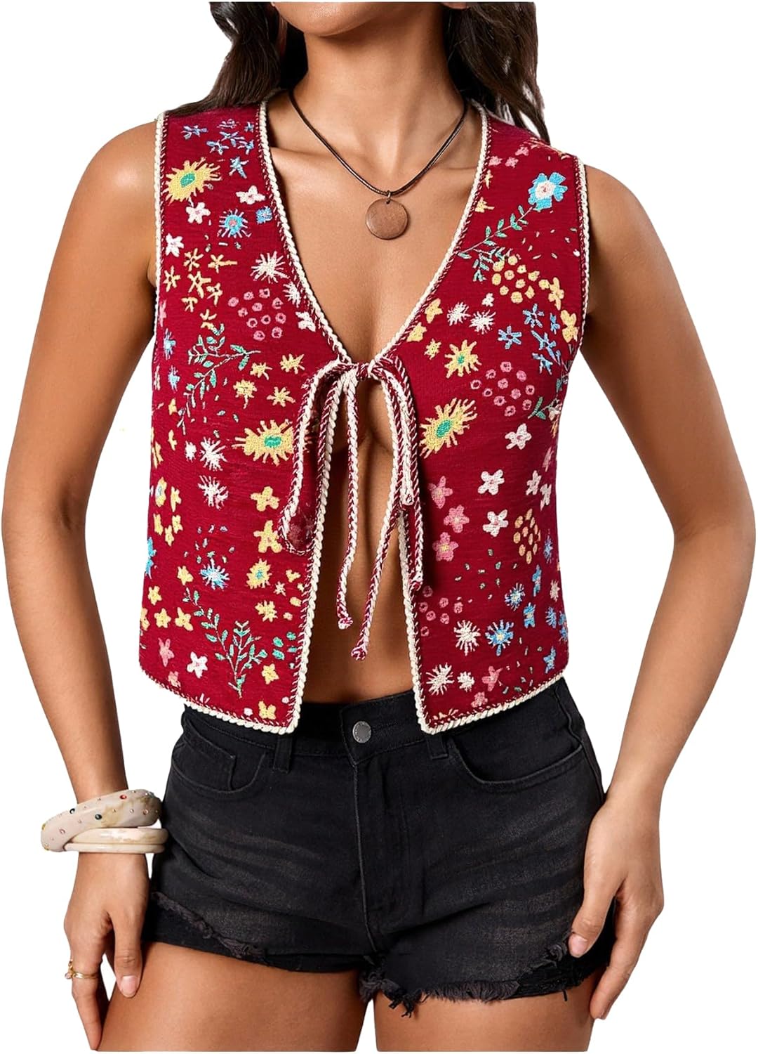 SweatyRocks Women's Floral Embroidered Tie Front Crop Vest Tops Boho Country Concert Cowgirl Western Outfits - Image 2