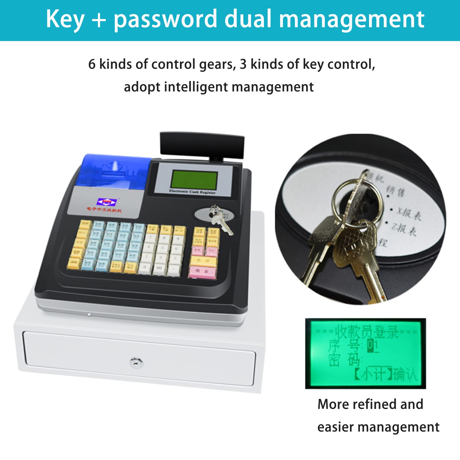 Registrierkasse mit 48 Tasten, Flacher Tastatur und Thermodrucker, 8 Digitale LED-Gewerbekasse, Ideal für den Einzelhandel oder das Gastgewerbe,Black