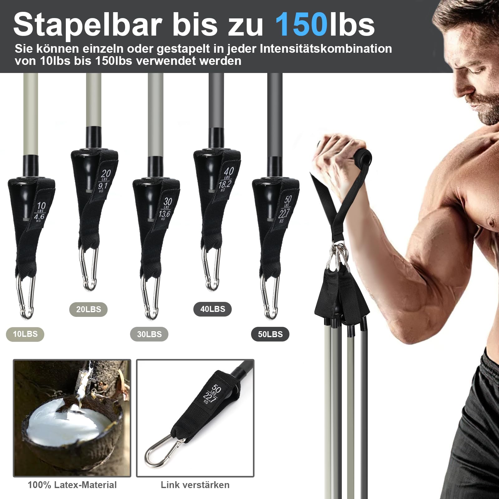 Barra de Pilates, M MOACC Barra Pilates Hecha de Hierro con Bandas de Resistencia de Tubo de Látex Natural(10-50lbs), Gomas Elasticas Musculacion para Gimnasio En Casa