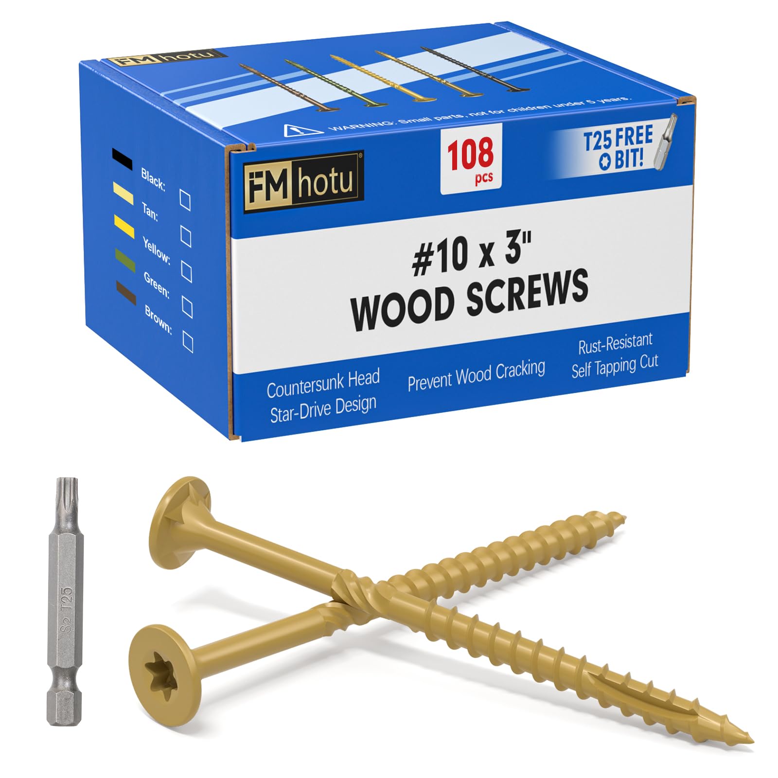 Photo 1 of #10 x 3” Deck Screws, 108Pcs Star Drive Wood Screws, Rust Resistant Timber Screws for Timber/Log/Landscaping Wood, T25 Star Bit Included, Yellow