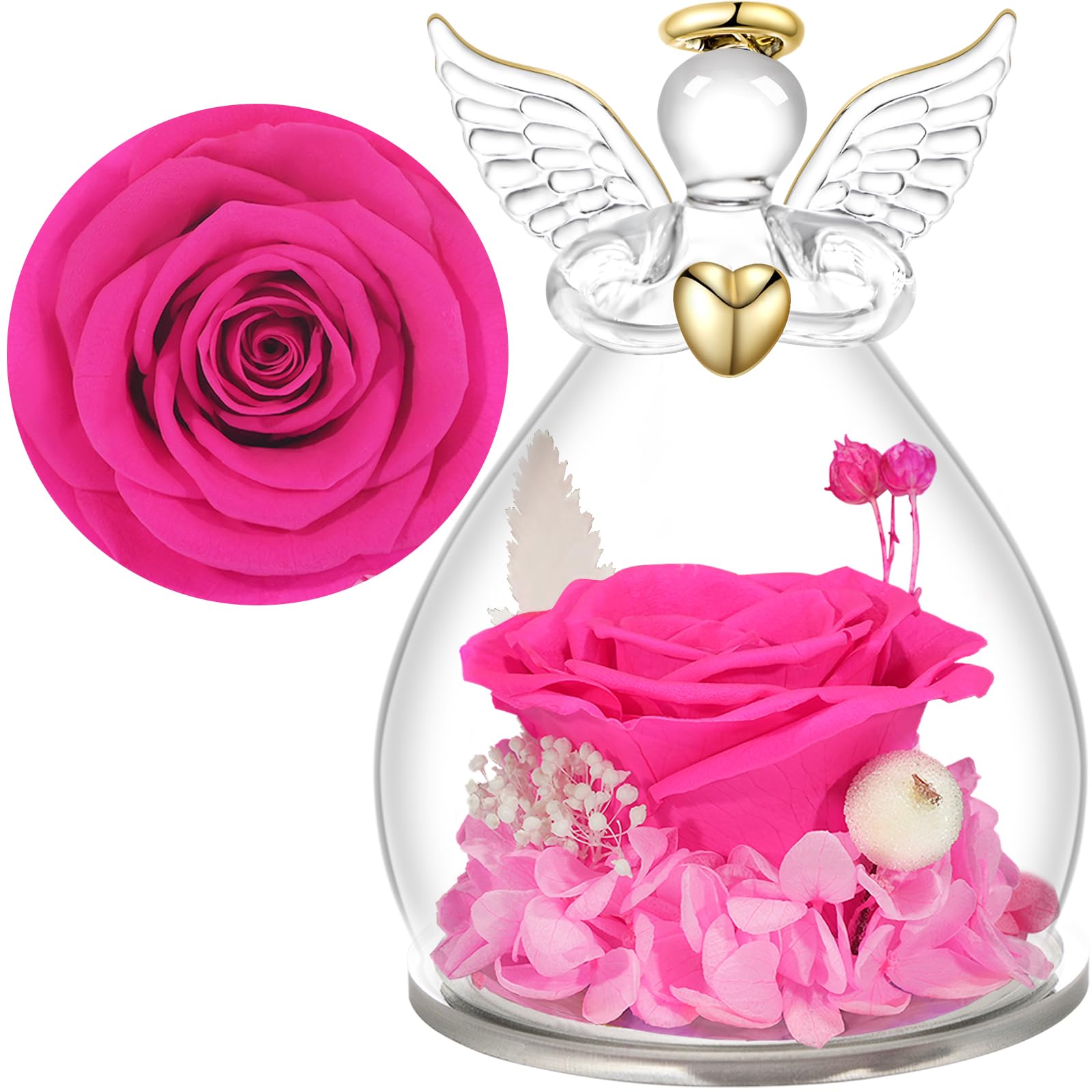 Yamonic Preserved Real Rose in Glass Angel Gift for Women,Eternal Rose Gift for Mum, Anniversary Birthday Gifts for Her, Mothers Day Valentines for Women Wife Nana Daughter