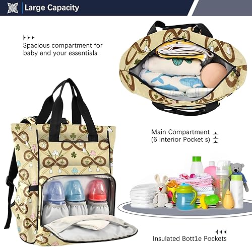 Miniatura 5 de Diaper Bag Backpack, Cream and Green Floral Shamrock Pattern, 15L Capacity Nylon Tote with Multiple Pockets, Stroller Clips, 11.02x5.91x15.3 Inches