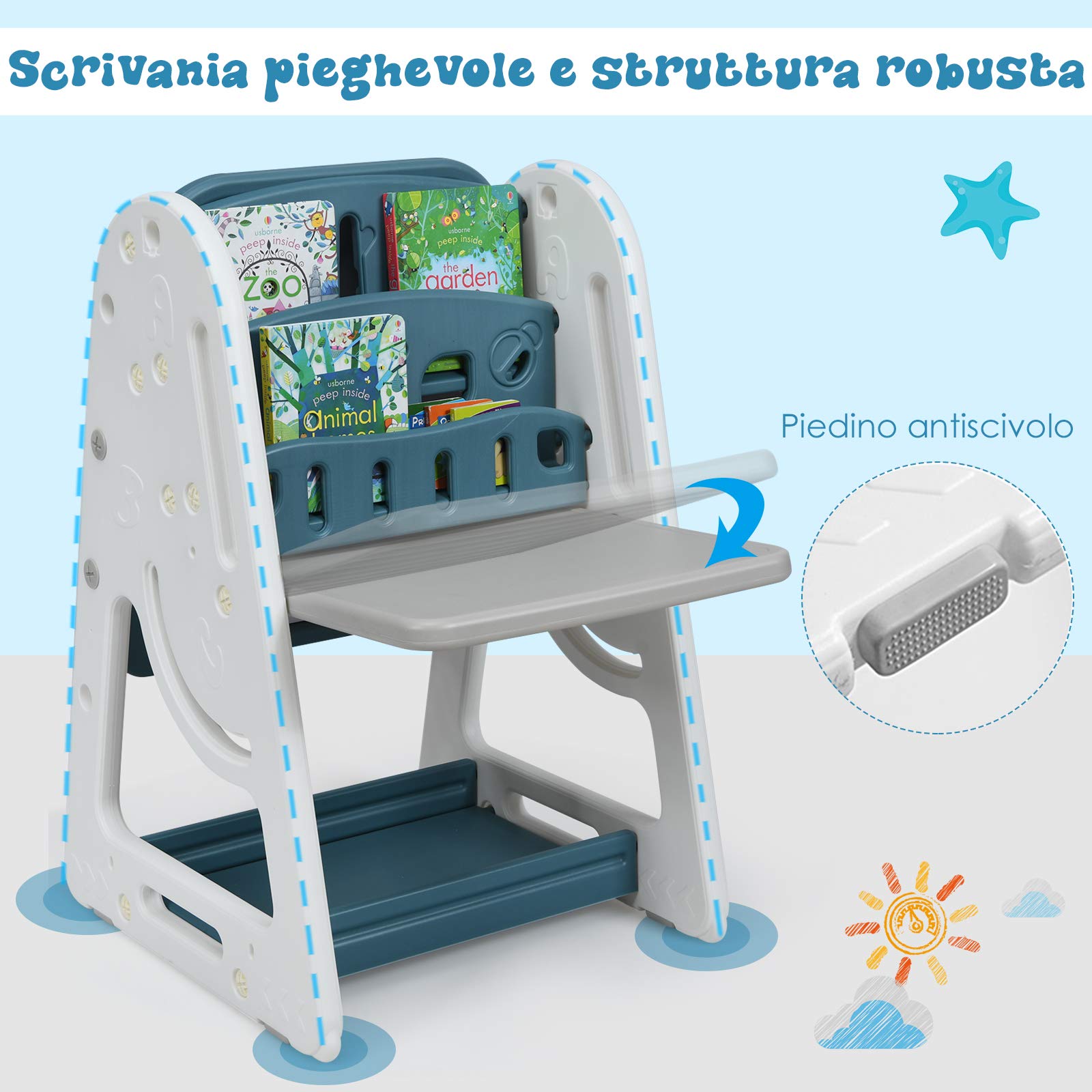 COSTWAY Set 2 in 1 Cavalletto per Bambini, Lavagna Magnetica Multifunzione Bifacciale, Libreria Bambini Altezza Regolabile, con Sedia e Accessori (Blu)
