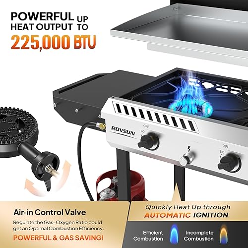 Miniatura 3 de ROVSUN Estufa de gas propano para exteriores de 3 quemadores con plancha, encendido y estantes laterales, potente estufa de gas de 225,000 BTU,