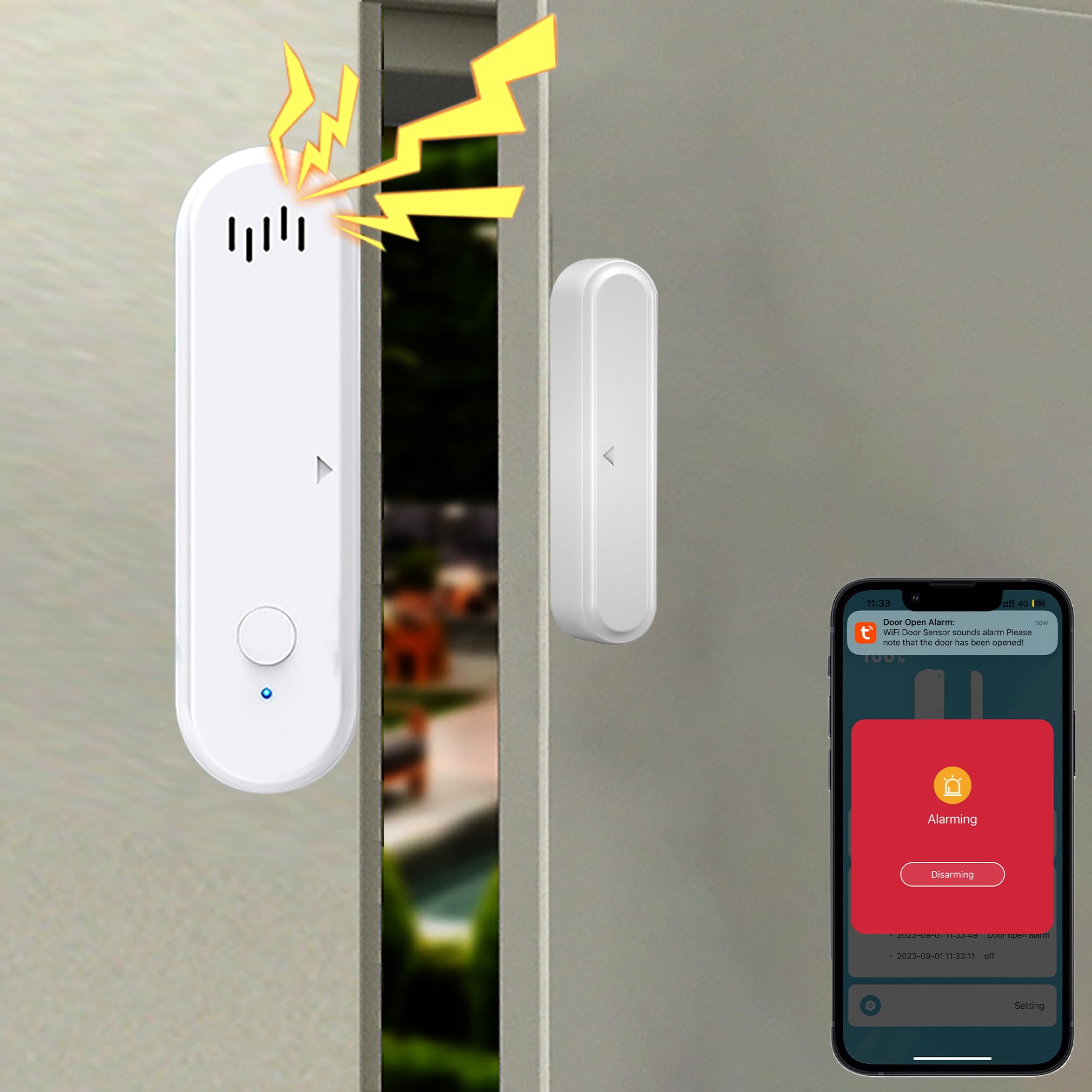 WiFi Door Sensor Alarm, WiFi Window Sensor with 80db Sounds Siren, Compatible Alexa, Google Assistant, Door Open/Close Real-time Push Message, Work with Tuya or Smart Life (1 Pack)