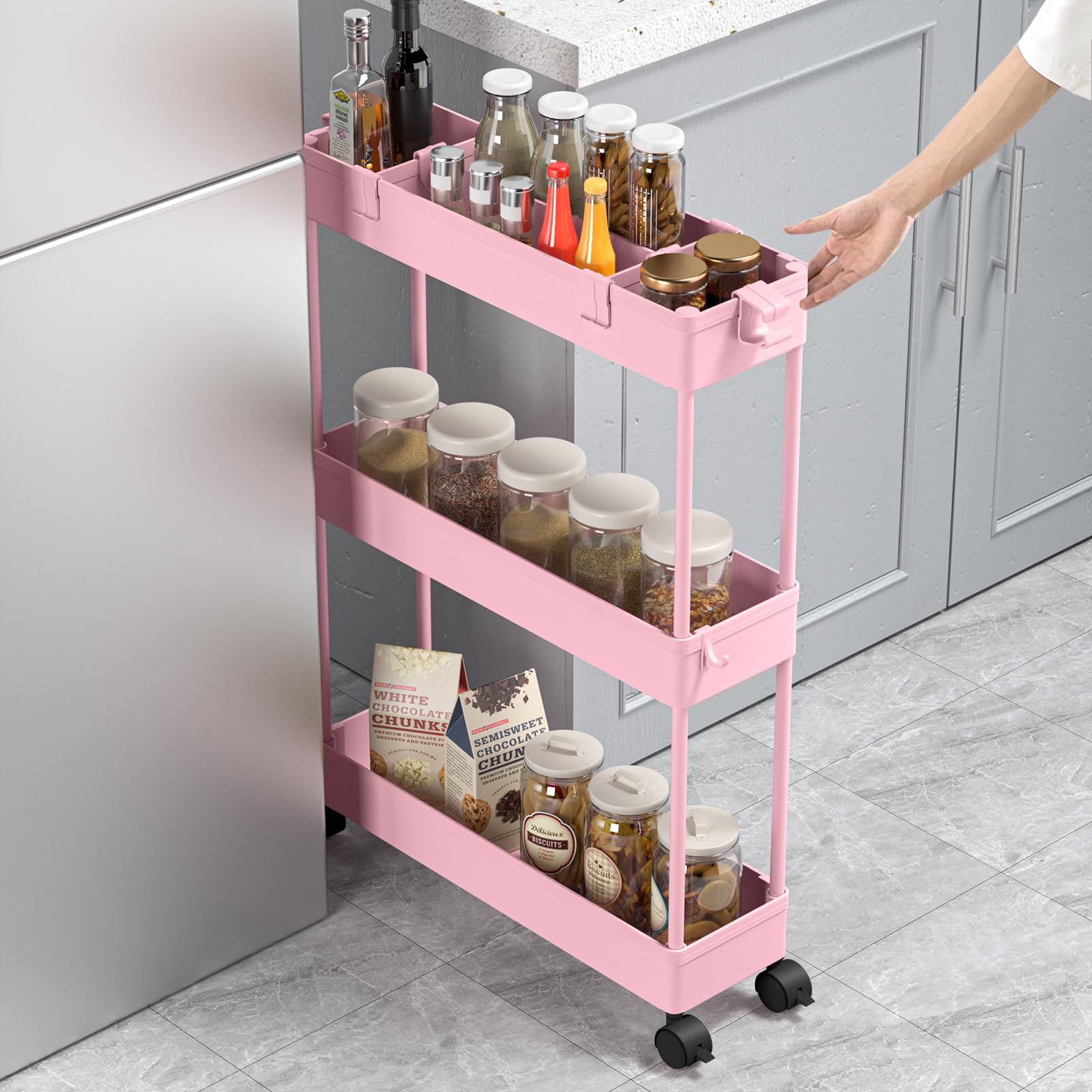 SPACEKEEPER Rollwagen mit 3 Ebenen, Küchenwagen, Nichenregal auf Rollen, Allzweckwagen mit 6 Haken und 2 Behälter, Rosa