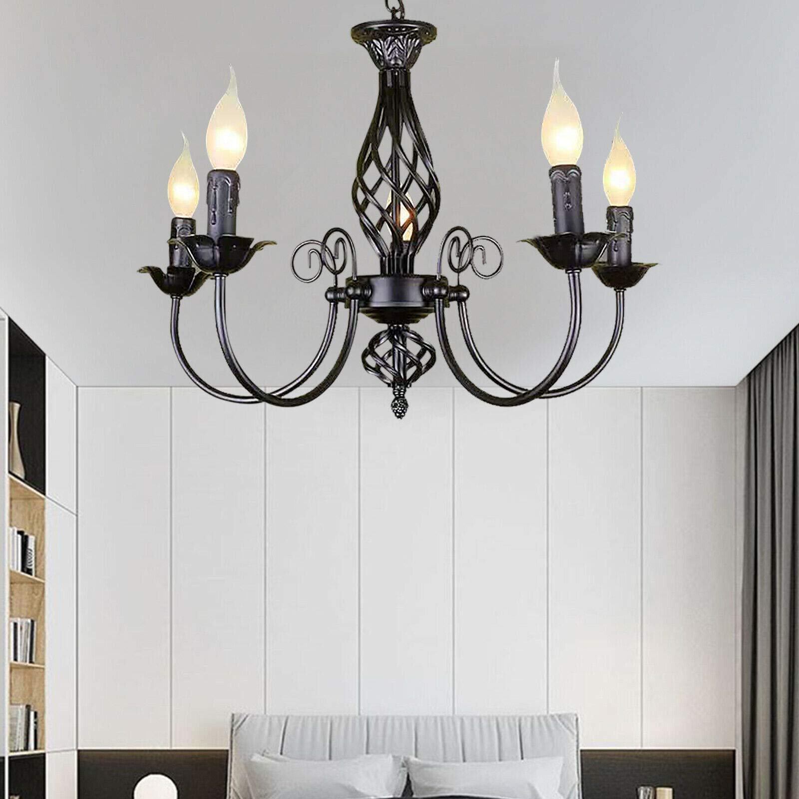 Lampadario classico rétro, in ferro, a 5 bracci, E27, per illuminazione interna, per soggiorno, camera da letto, cucina, in nero