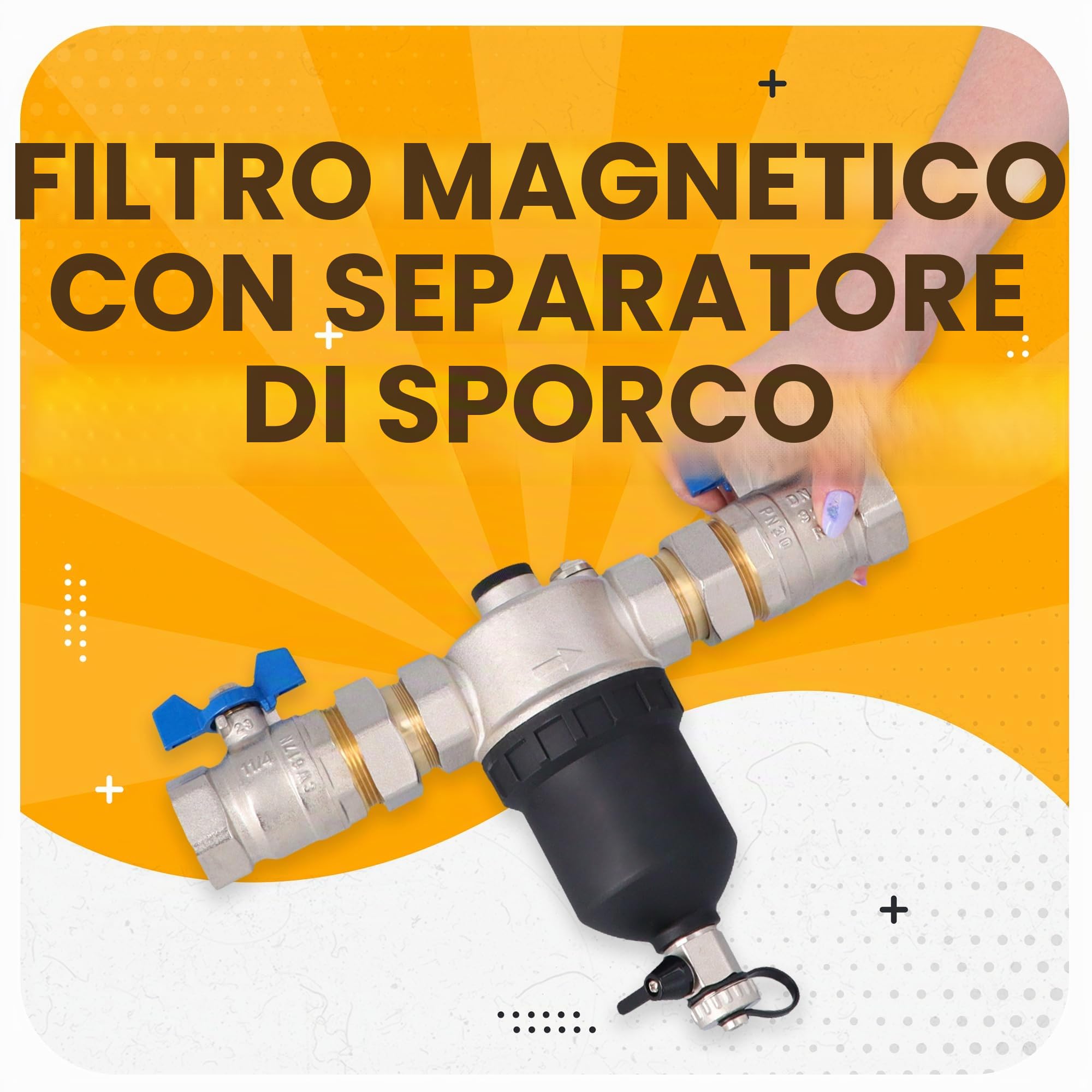 Instalguru Separatore Fanghi Filtro Magnetico 1 1/4 Pollice DN32 Riscaldamento Impianto Termico Trattamento Acqua Calda Magnete Neodimio Rete Acciaio Inox Antifango