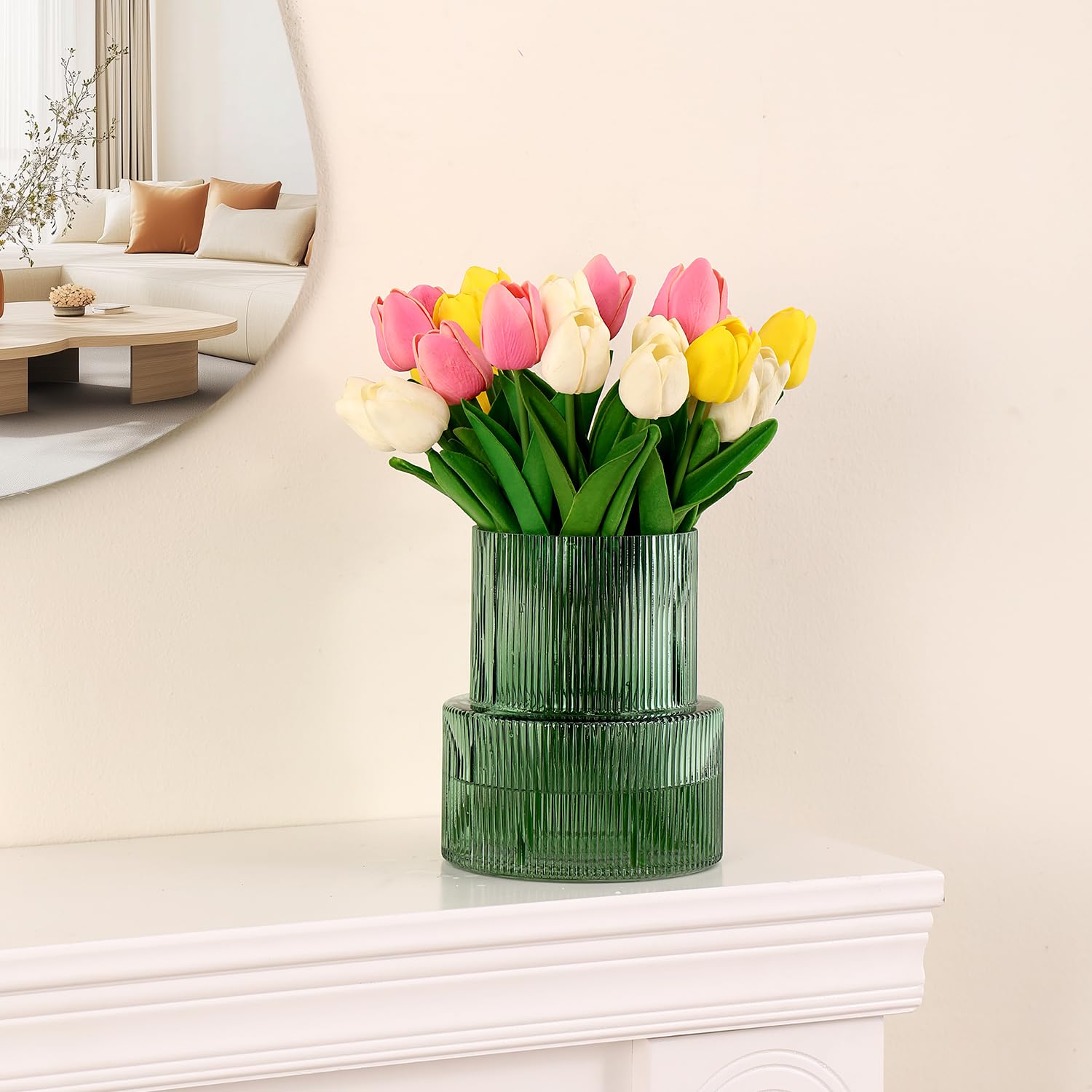 Jarrón de cristal verde, jarrones acanalados para flores, florero para tulipanes, jarrones modernos para sala de estar, mesa de comedor, entrada, manto, estante, boda, oficina, 19 cm