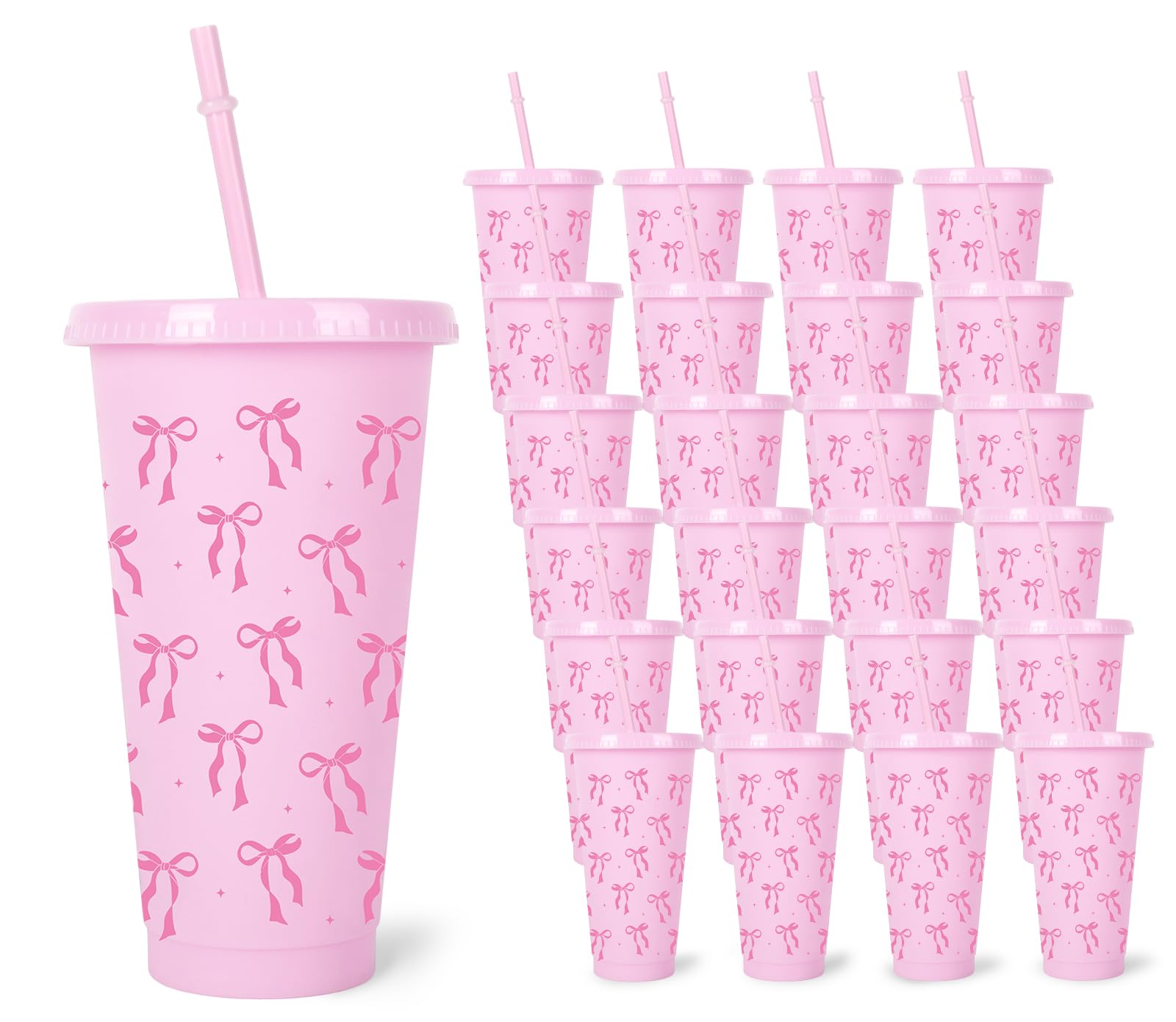 JarThenaAMCS 12 Pcs Pink Bow Plastic Cups with Straw and Lid Ribbon Bow Tumbler Pink Plastic Cups for Valentine's Day Cold Drinks Home Office