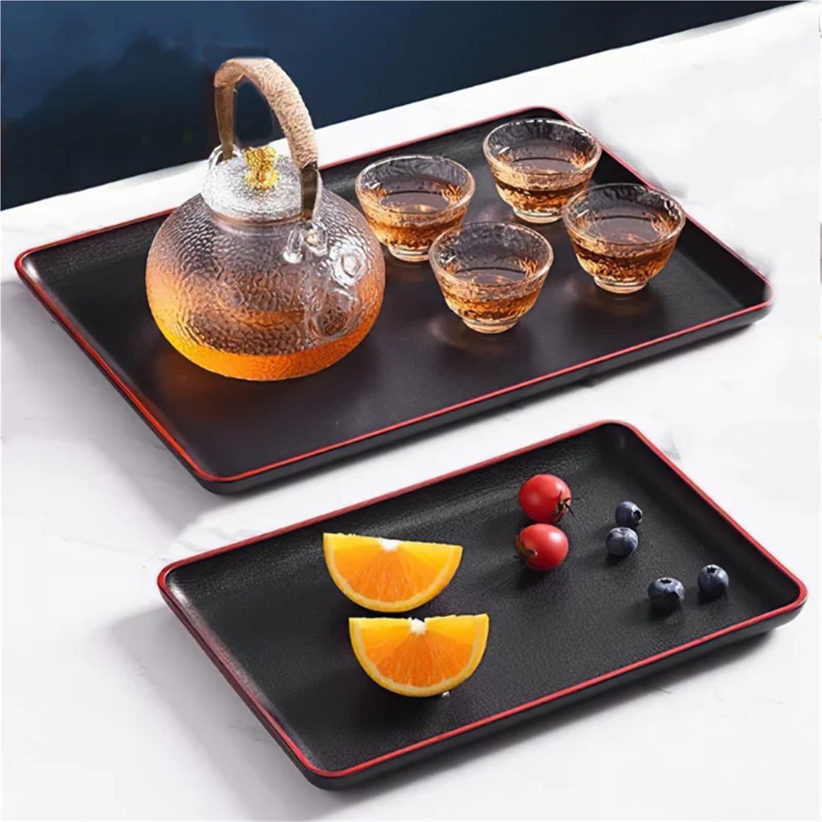 Bandeja Rectangular de plástico de 3 Piezas con veta de Madera Negra, Ideal para Guardar vajilla, Tazas, Pan y Desayuno (35 x 25 cm)