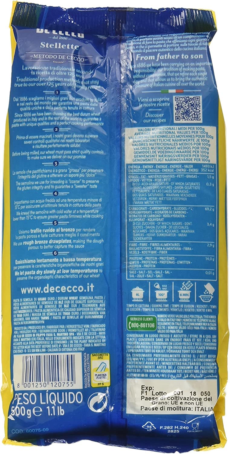 20 x De Cecco Pasta 100% Italiano Paleta n° 75 Pasta Corta 500g