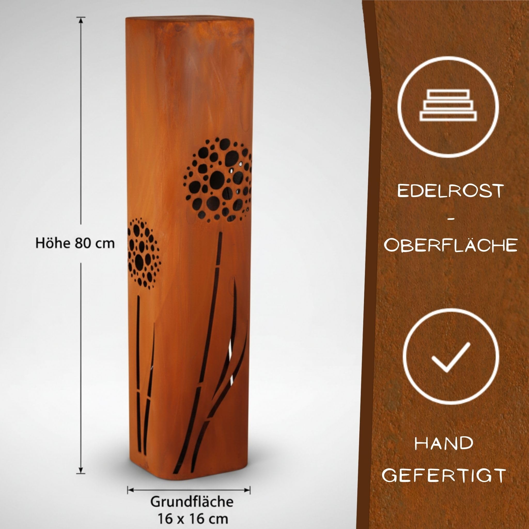 Rostikal Cortenstahl Gartensäule Pusteblume 80 cm Edelrost Gartendeko Rost | Rostsäule, Blumensäule und Dekosäule - Rostdeko Gartenskulptur, witterungsbeständig für draußen