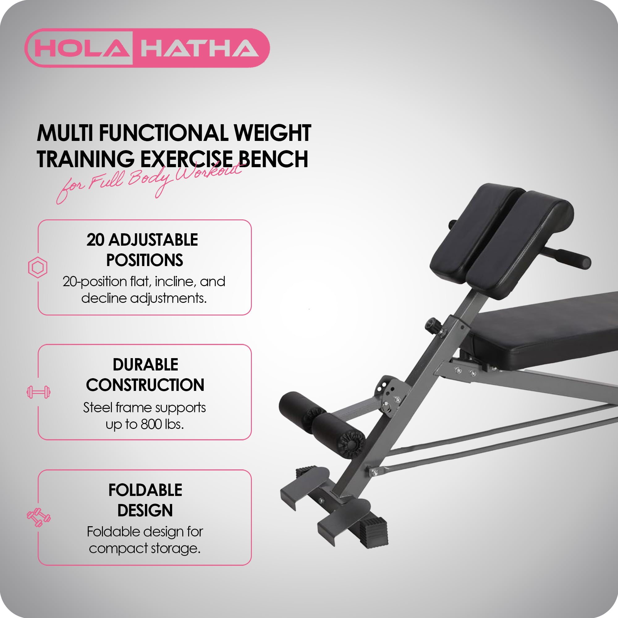 HolaHatha Banco multifuncional para ejercicios de entrenamiento de peso, inclinación, declinación y plano con asiento acolchado y rodillos de espuma para entrenamiento de cuerpo completo
