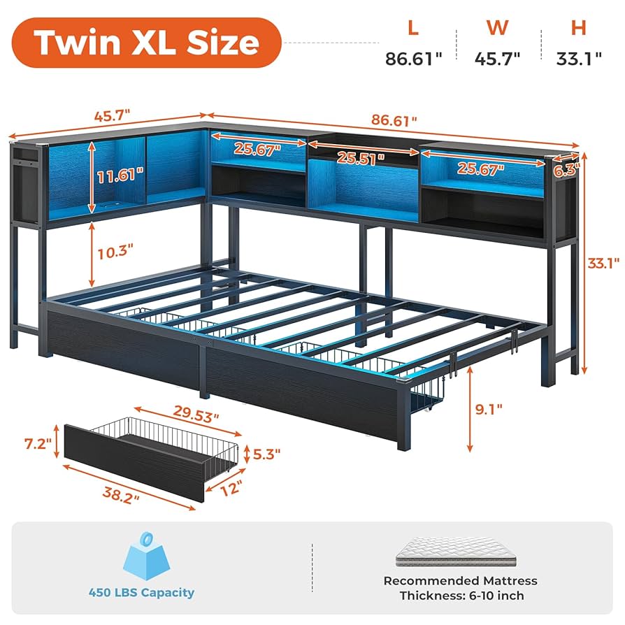 【tak】ベッド Amazon.com: DICTAC Corner Bed Frame with Bookcase Storage