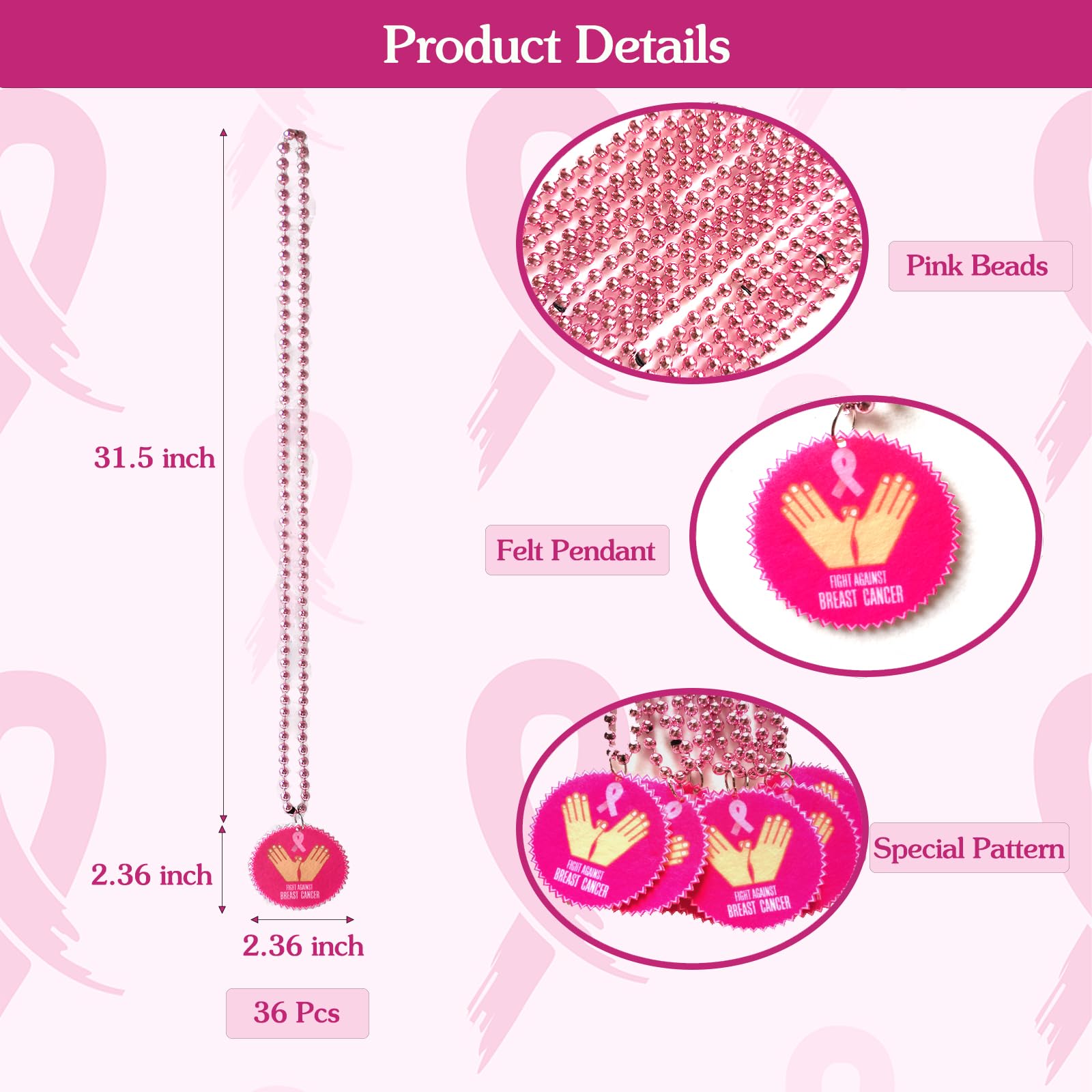 Voopurbic 36 Pcs Breast Cancer Awareness Beaded Necklaces, Pink Mardi Gras Necklaces With Ribbon Pendants For Breast Cancer Month Accessories