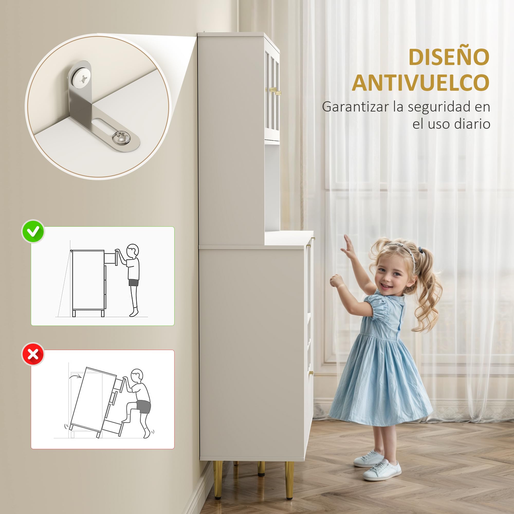 HOMCOM Alacena de Cocina Alto 3 Puertas de Vidrio 100x40x180 cm Blanco | Mueble Auxiliar de Cocina, Aparador, Botellero, Cajón, Estantes Ajustables, Compartimentos Abiertos