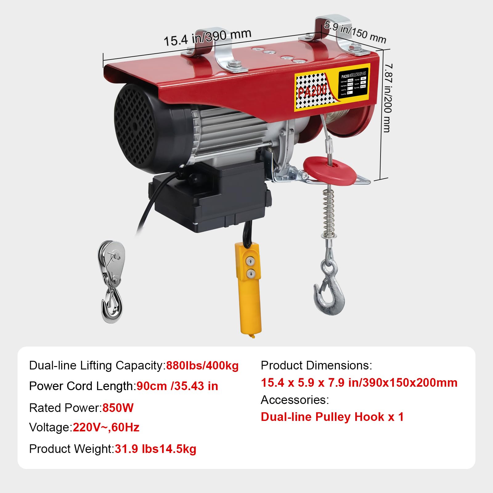 Elektrische Seilwinde 220V, 600kg Tragkraft, 1150W Kupfermotor, Seilzug Motorwinde mit kabelgebundener Fernbedienung, Hebezeug Flaschenzug Seilhebezug Kettenzug für Lager, Werkstatt und Fabrik