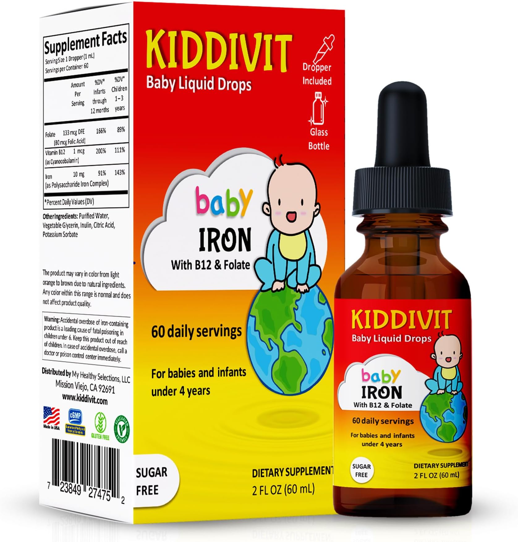 Kiddivit Baby Iron Liquid Drops with Vitamin B12 & Folate – Gentle Iron Support Supplement – 60 Daily Servings, Inulin Fortified Prebiotic Fiber – Sugar Free, Gluten Free, Vegetarian, 2oz