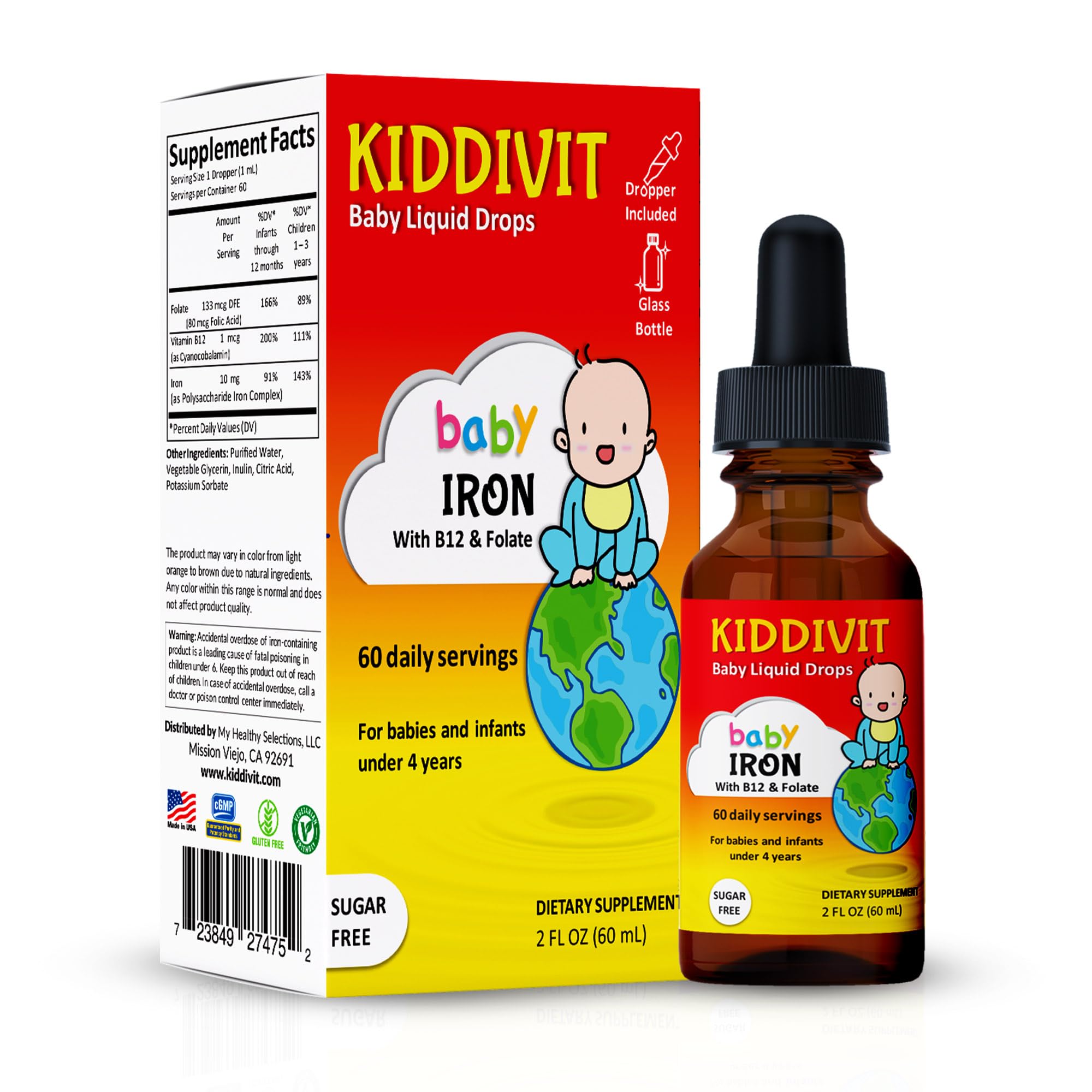 Kiddivit Baby Iron Liquid Drops with Vitamin B12 & Folate – Gentle Iron Support Supplement – 60 Daily Servings, Inulin Fortified Prebiotic Fiber – Sugar Free, Gluten Free, Vegetarian, 2oz