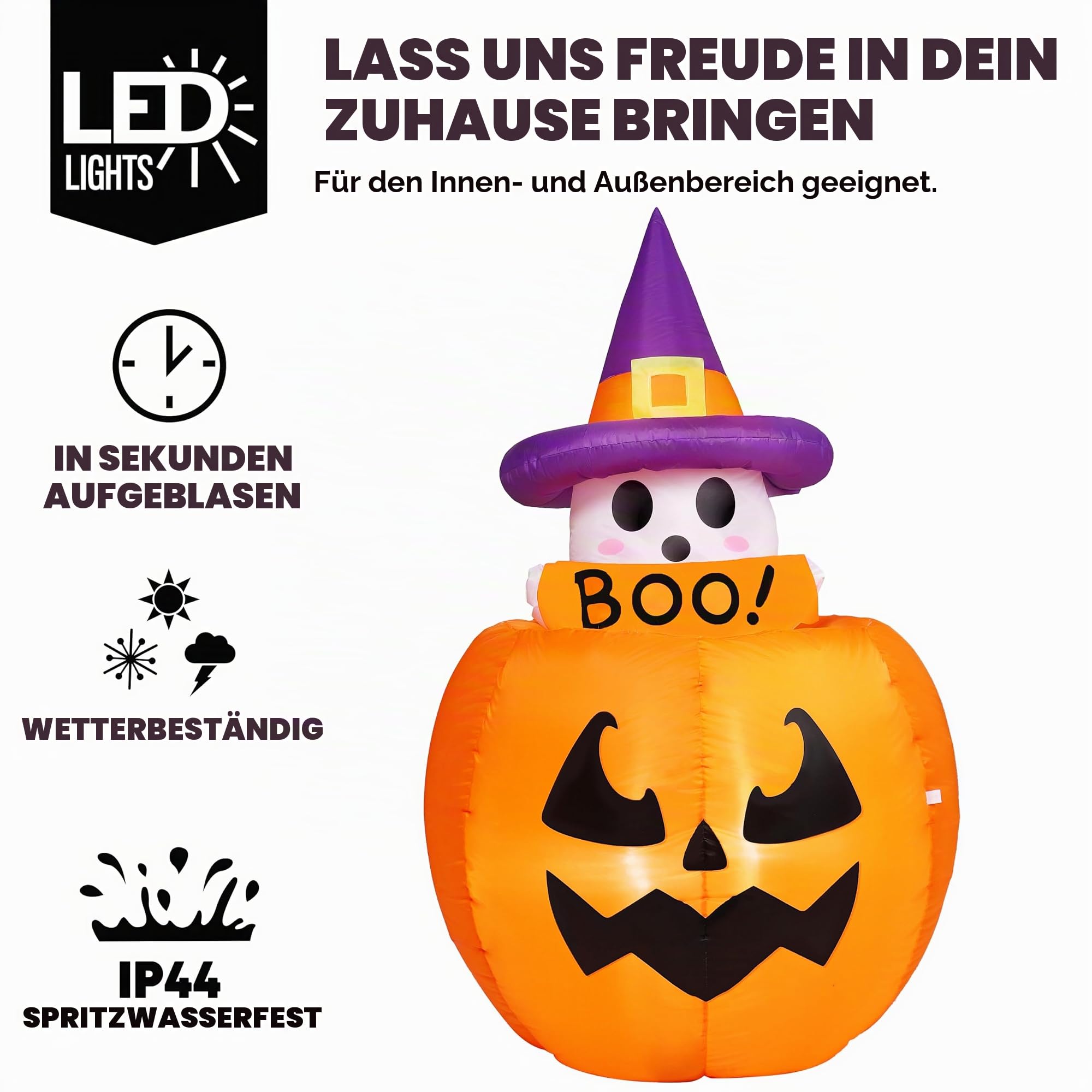 Joiedomi 1,52 m große, animierte aufblasbare Halloween-Dekorationen für den Außenbereich, aufblasbarer Geist auf Kürbis mit LEDs, süßes aufblasbares Kürbisgeist-Dekor für den Außenbereich, Hof, Rasen