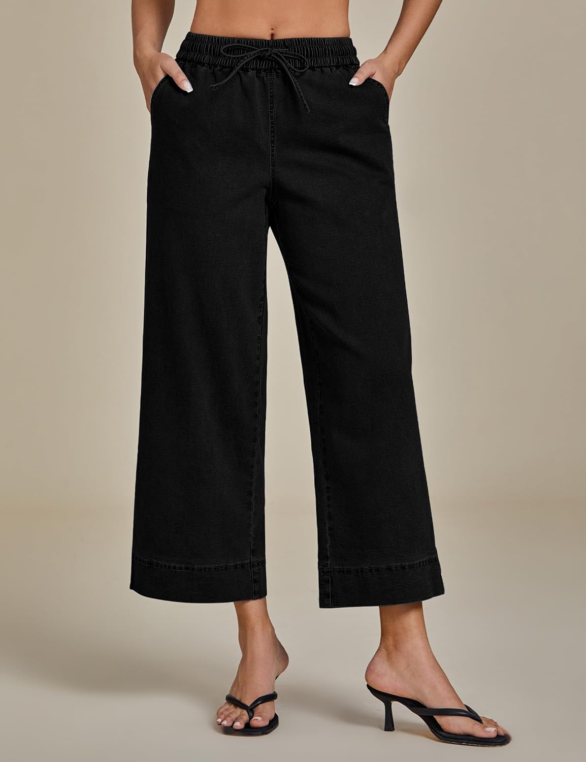 luvamia Wide Leg Jeans for Women High Waisted Cropped Pull On Jeans Elastic Wasit Drawstring Stretch Denim Trouser Pants - Image 9