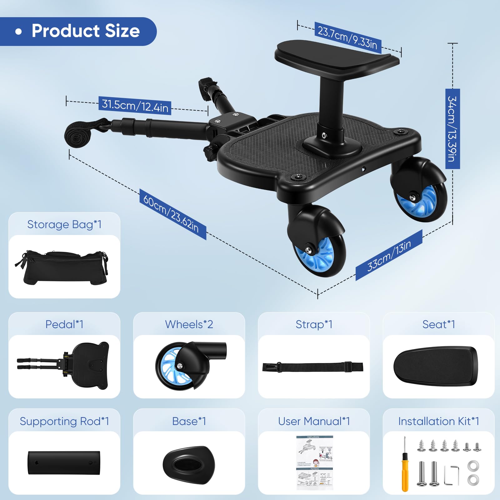 Buggy Board mit Sitz, Buggy Board für alle Kinderwagen, Trittbrett Mitfahrbrett universal, Kiddy Board für Kinder von 2-6 Jahren, Bearing 25KG (Blau)