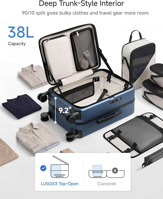 LUGGEX Top Opening Carry On Luggage, Aluminum Frame, Charcoal Metallic, 20 | Carry On Luggage, FLA Aluminum Frame, 100% PC Hard Shell, Trunk Style Design, Top Opening, TSA Lock, 38L Capacity, FX-Enhance
