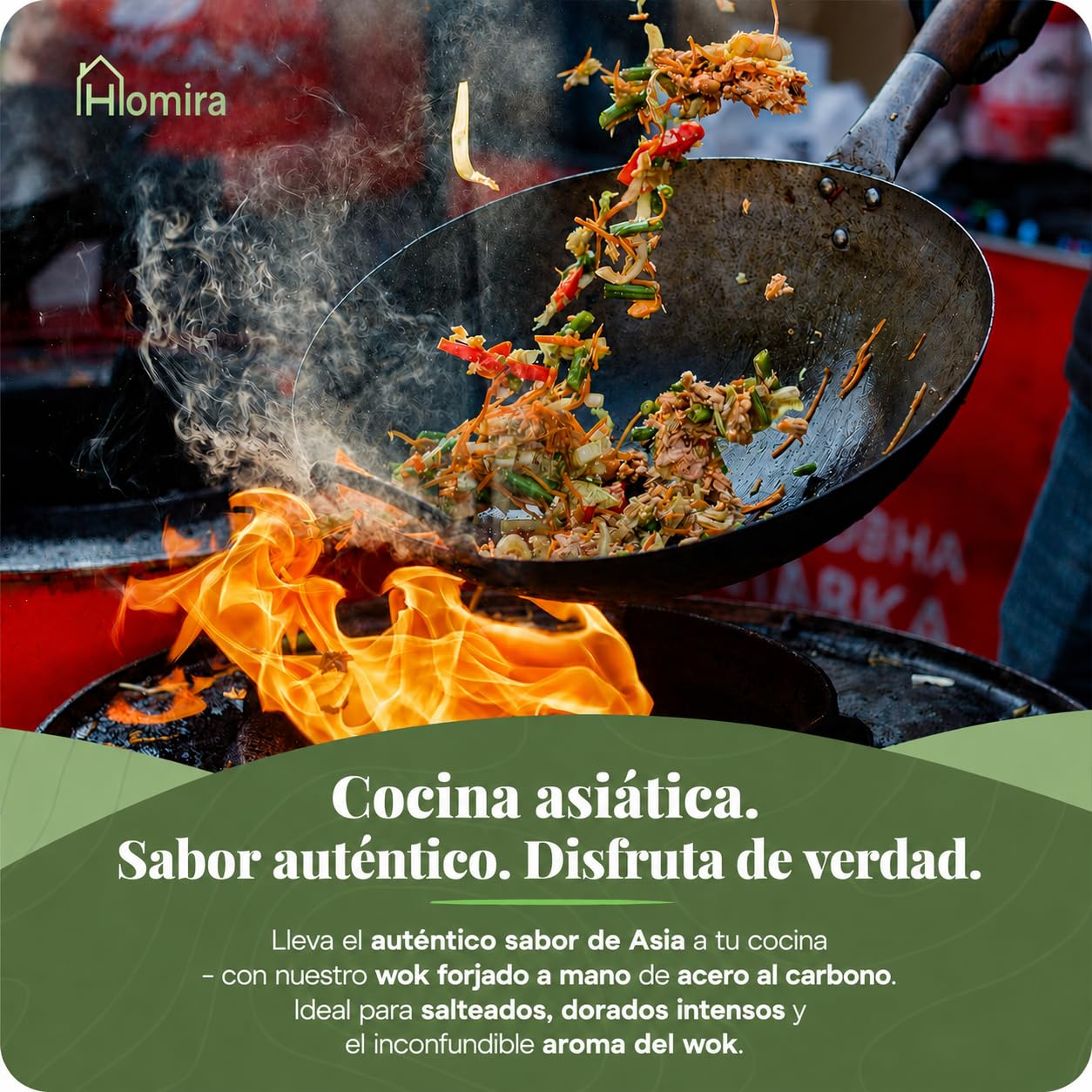 Homira Wok de Acero al Carbono de 36 cm, Martillado a Mano, Fondo Plano y Mango de Madera – Sartén Wok Tradicional sin PFAS para Inducción, Gas, Vitrocerámica, Barbacoa y Exterior (Fondo Plano)