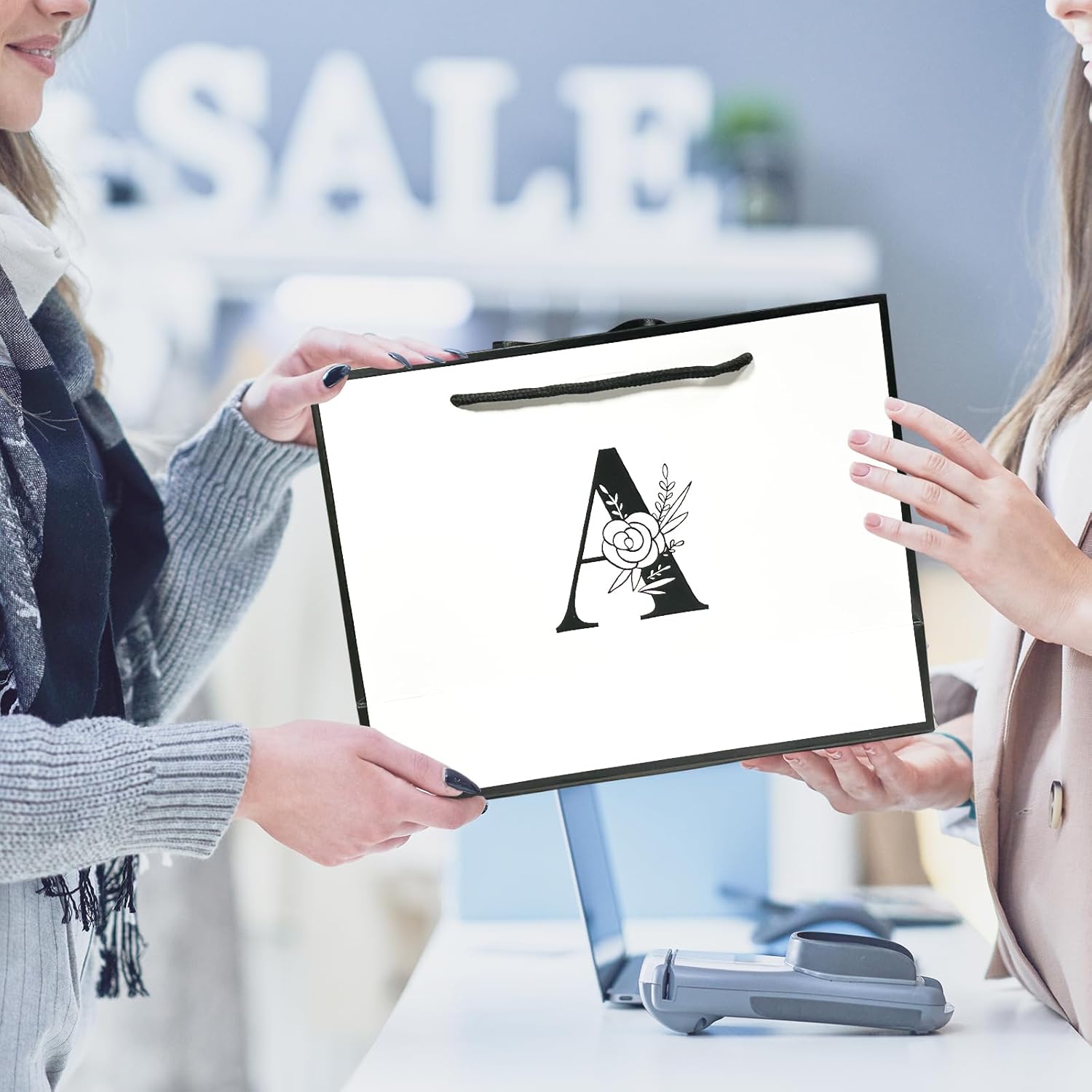 Alphabet Birthday Gift Bag, Initial Gift Bag with Card and Tissue Paper for Men Women, Large Black White Personalized Bow Bags for Bridal Party, Wedding, Graduation, Birthday Gifts Bags (Letter M) - Image 4